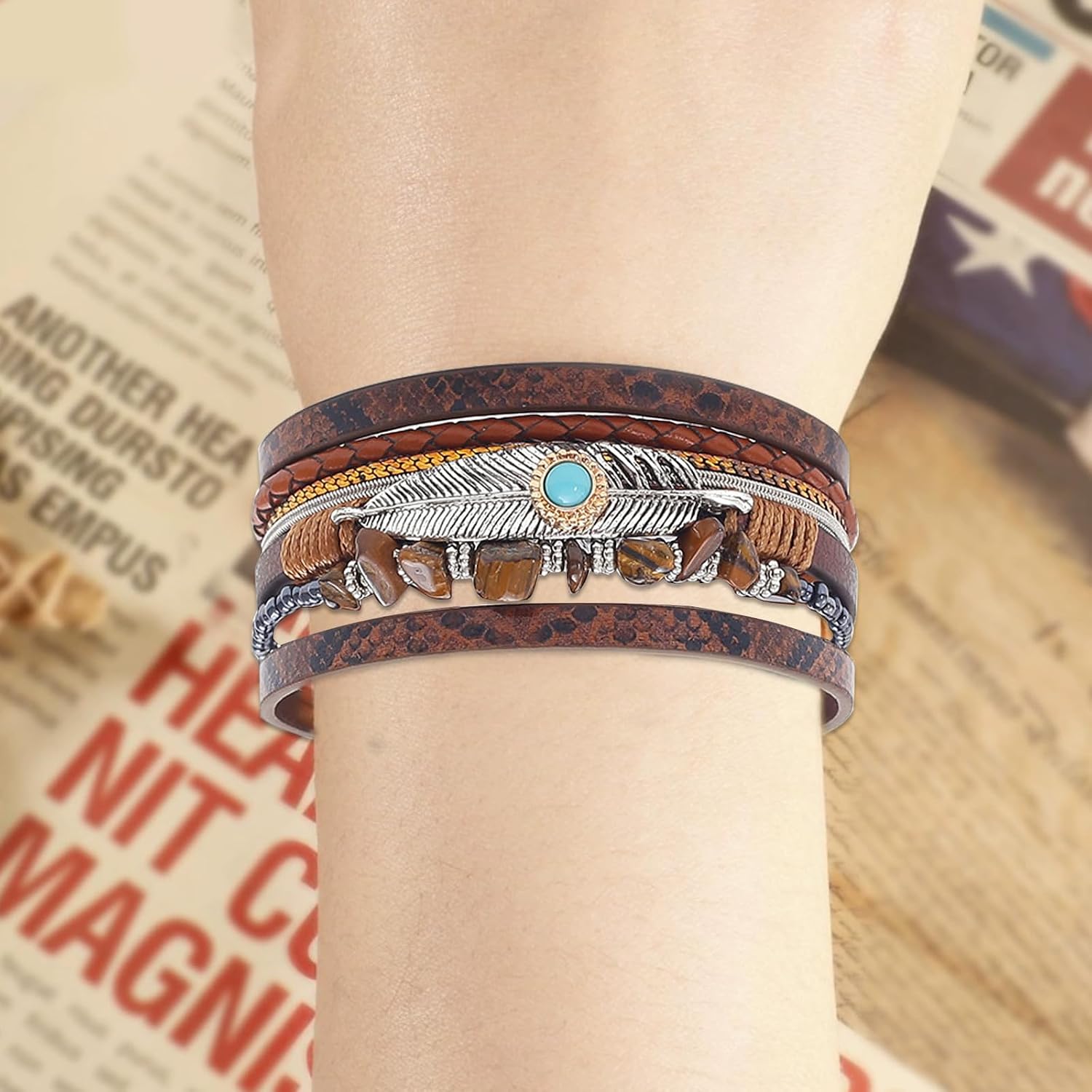 QCWN Western Turquoise Jewelry For Women Country Concert Outfits Boho Leather Bracelet Cowgirl Accessories For Music Festival Western Party
