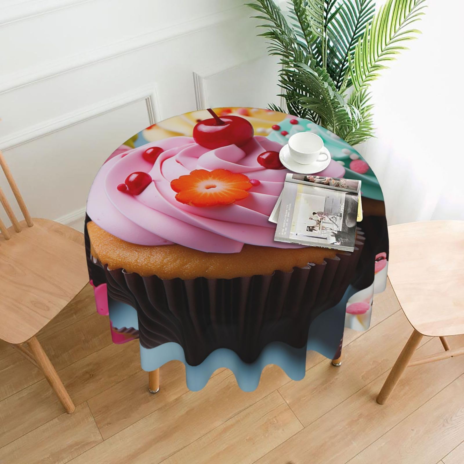 FodPand Cupcake Tablecloths for Round Tables 60 Inch - Reusable Washable Dining Table Clothes - Stain and Wrinkle Resistant Decorative Fabric Table Cover for Wedding Party