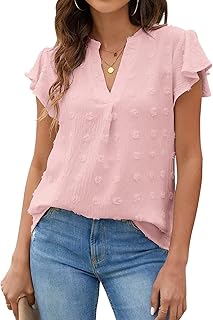 Camiseta Tops Camisa de Mujer Sexy con Cuello en V Top de Verano Blusas Elegantes de Color Sólido Mangas con Volantes, Sueltas, Transpirables(S-Rosa)