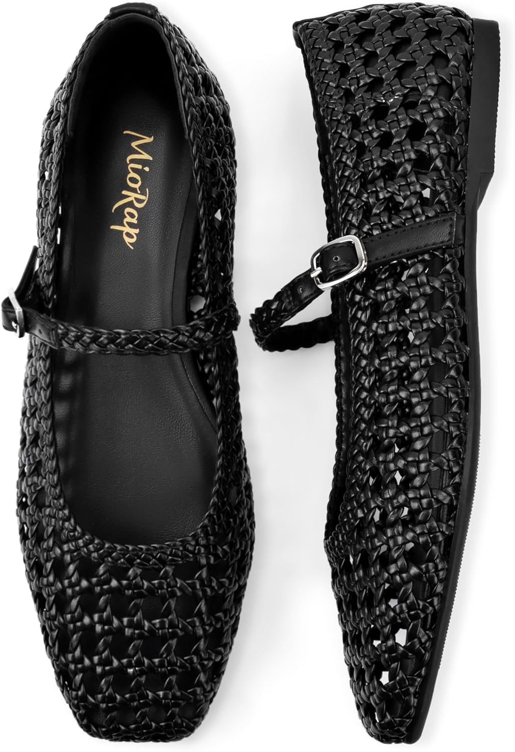 Woven Ballet Flats Shoes for Women Square Toe Mesh Mary Jane Flat with Adjustable Strap, Dressy, Comfortable and Cute Ballerina