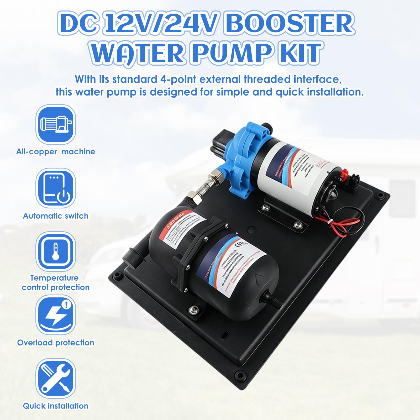 Buachois Wasserpumpen, DC 24V RV Wasserpumpenset, 36.9 * 25.9cm Druckpumpe, 45PSI/13.5 LPM Wohnmobil Pumpendrucktank Selbstansaugende Membranpumpe mit Eingebautem Druckschalter für Bootsanhänger