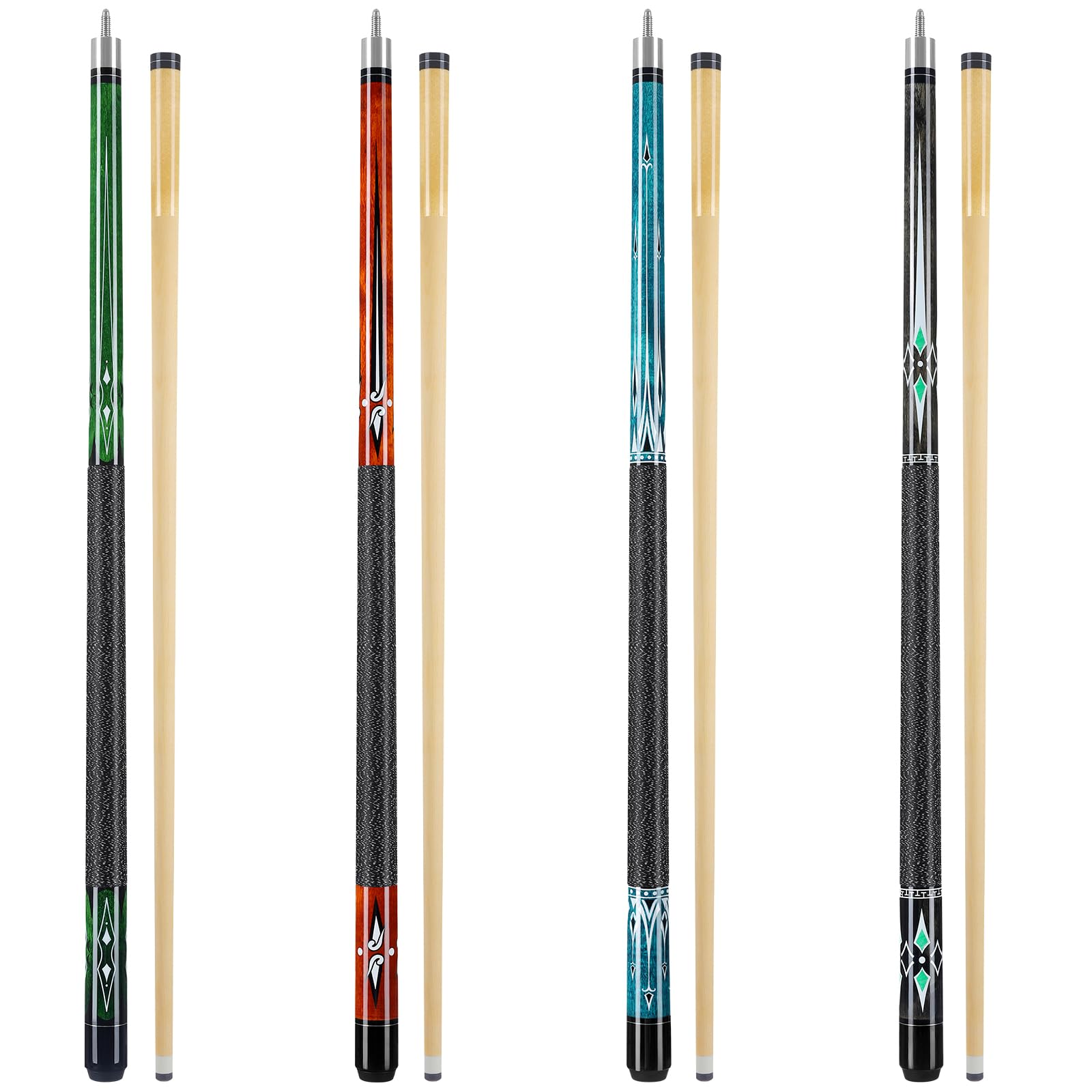 Winucue Pool Cue, 58 inch Maple Wood 13mm Tip Billiard Pool Cue Sticks for Adults, 18 19 20 21oz Professional Pool Stick with Anti-Slip Thread Wrapping for House Bar Billiard Sports (Set of 4 Color)