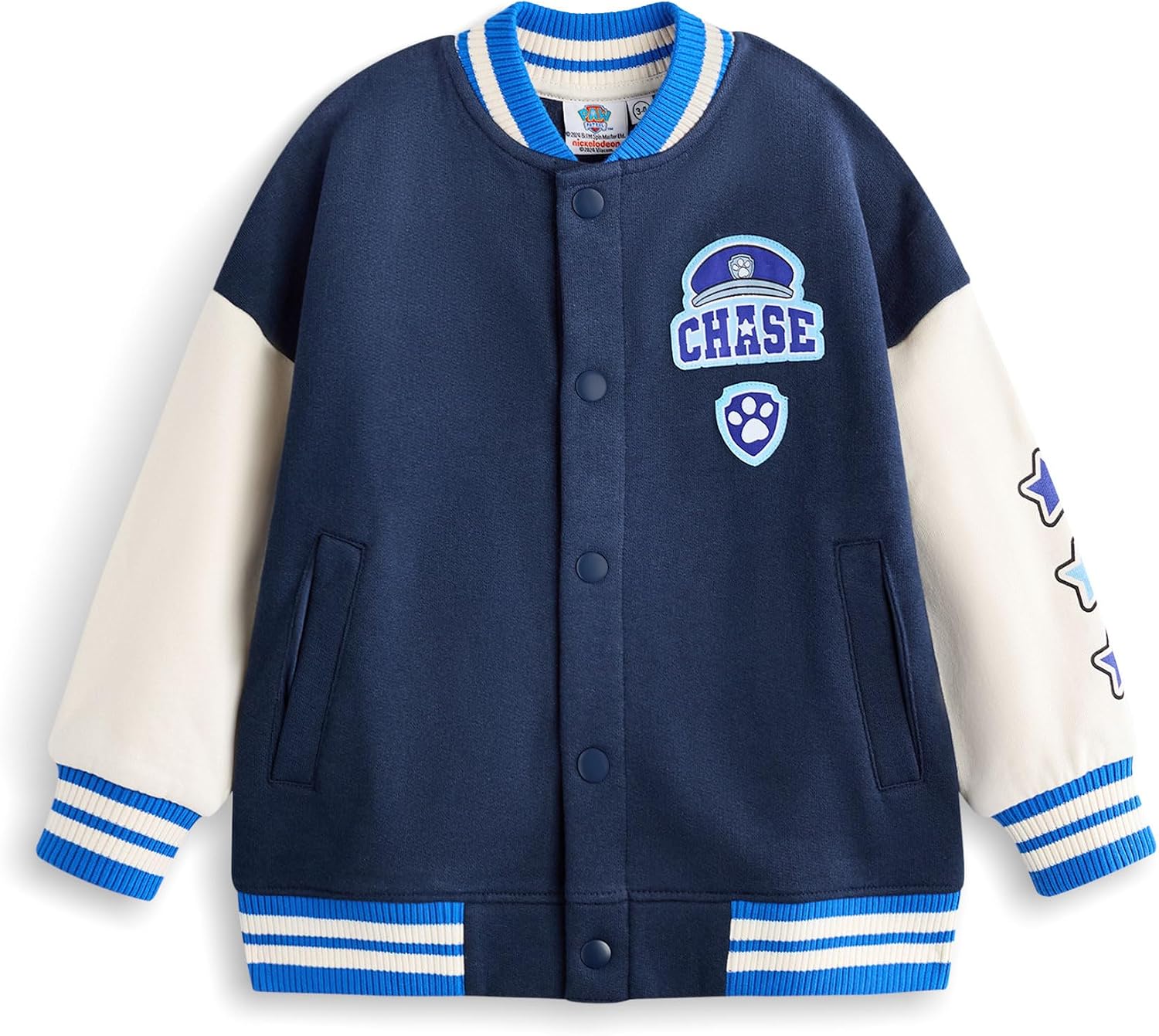 Paw Patrol Chase Boys Bomber Jacket | Kids Blue Puppy Character Logo Varsity Jacket | Childrens Baseball Jacket