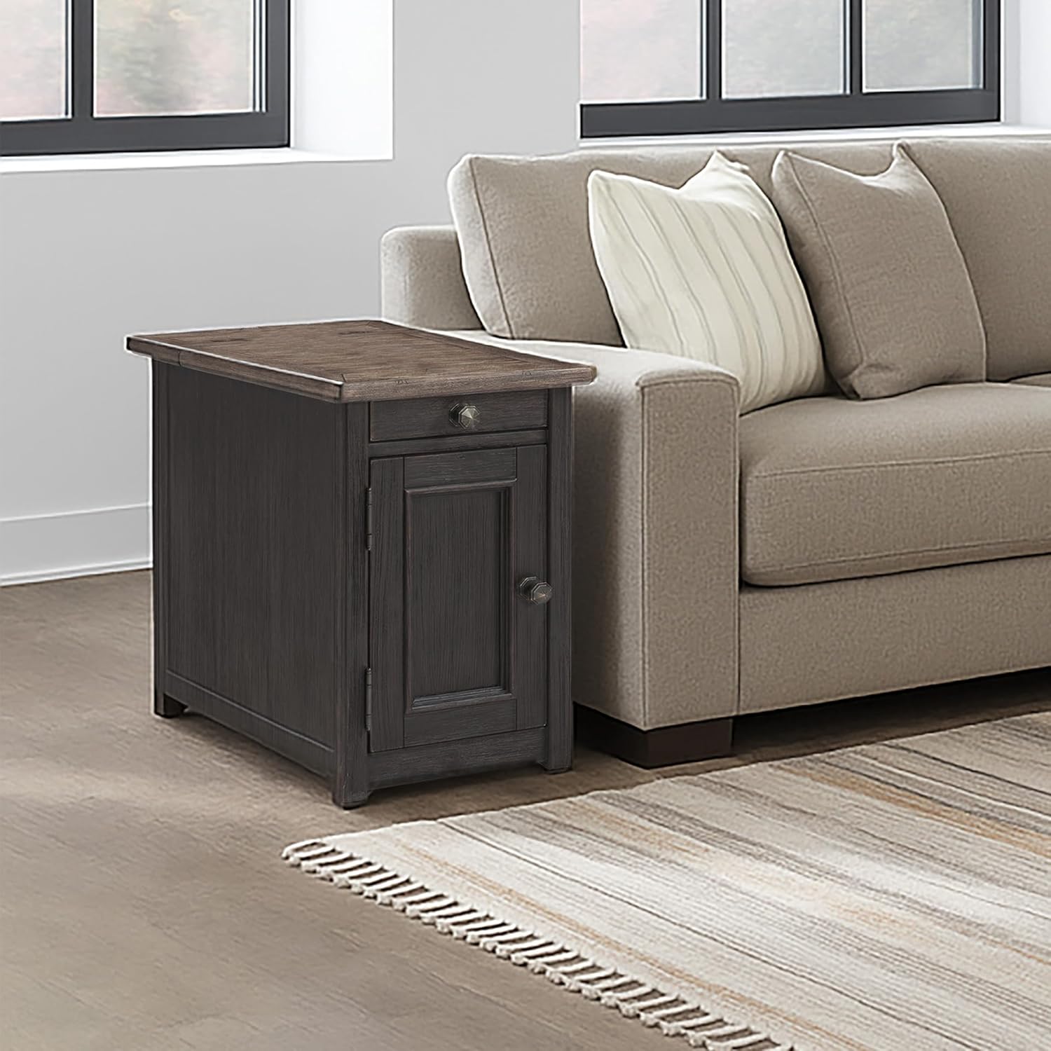 Signature Design by Ashley Tyler Creek Rustic Chair Side End Table with Pull-Out Tray & USB Ports, Brown