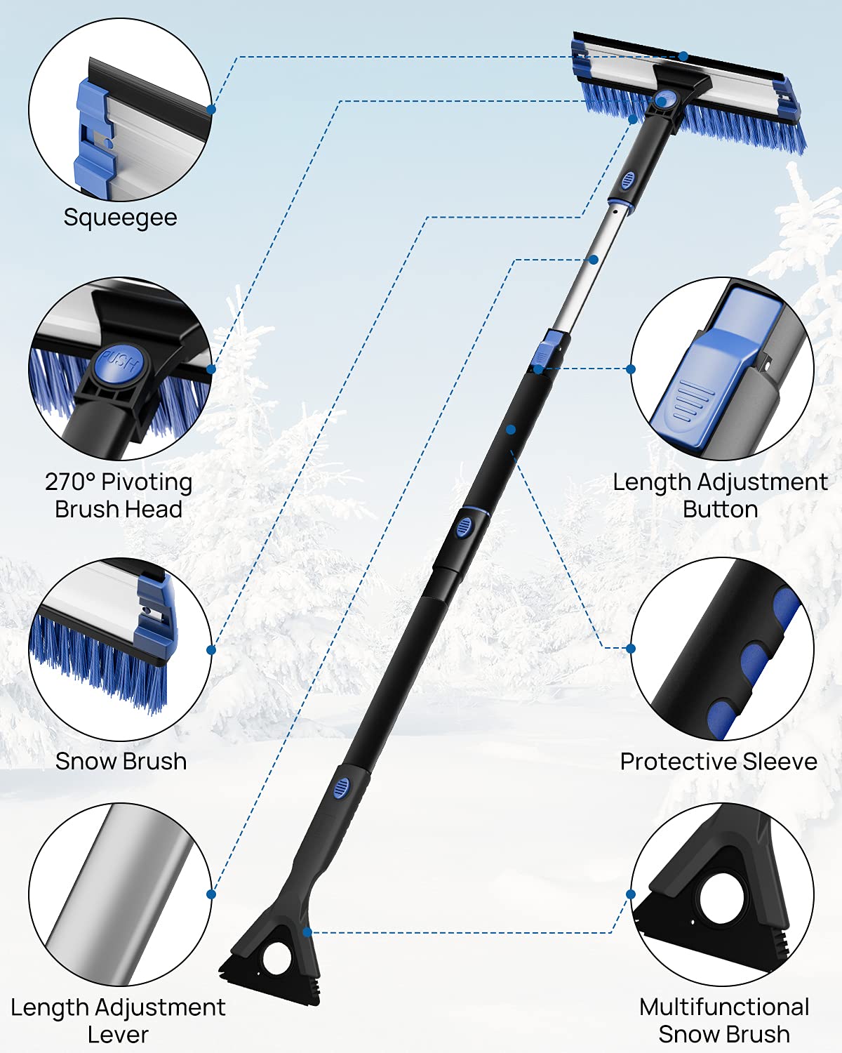 JOYTUTUS Rascador de hielo de 61.3 pulgadas y cepillo de nieve de mango largo, giratorio de 270° extensible para parabrisas de automóvil, agarre de espuma telescópica para raspador de hielo, removedor