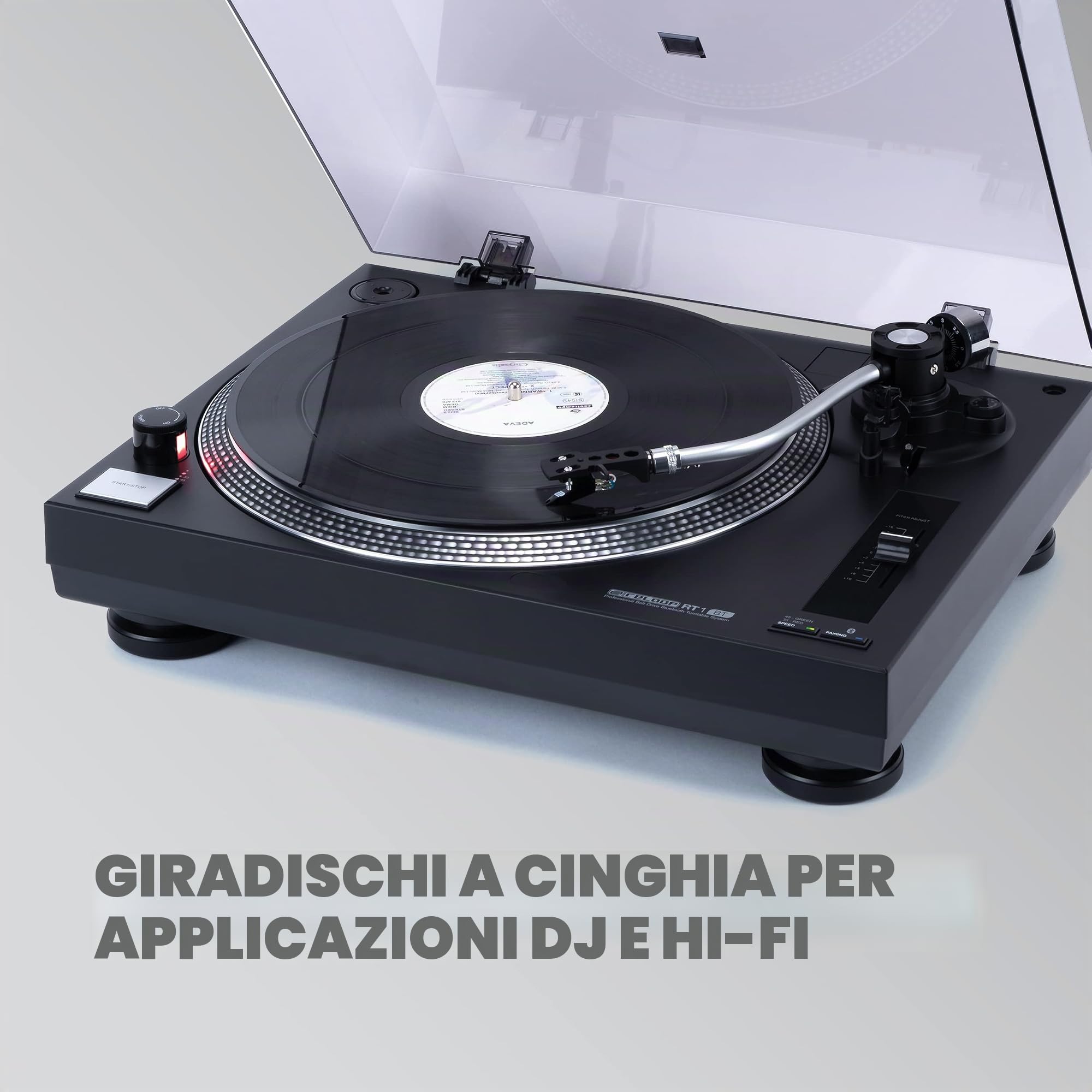 Giradischi Reloop RT-1 BT con trasmissione a cinghia per applicazioni DJ e HiFi, uscita Bluetooth per il collegamento wireless con altoparlanti Bluetooth