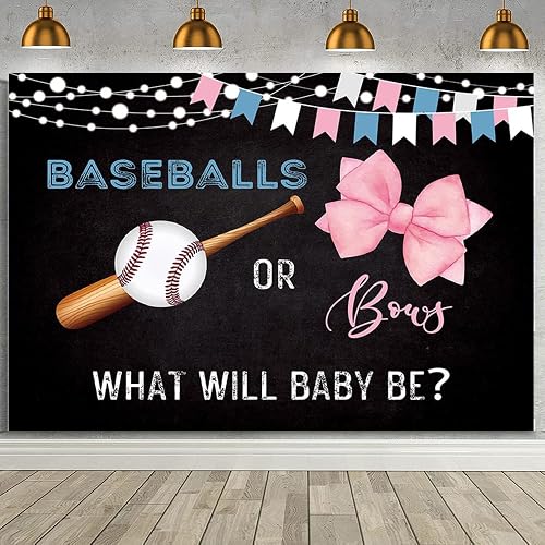 MEHOFOND 7x5ft Baseballs or Bows Gender Reveal Backdrop for Black Boy or Girl What Will Baby Be Decorations Banner Pink Bows Gender Reveal Baby Shower Photography Background Cake Table Supplies