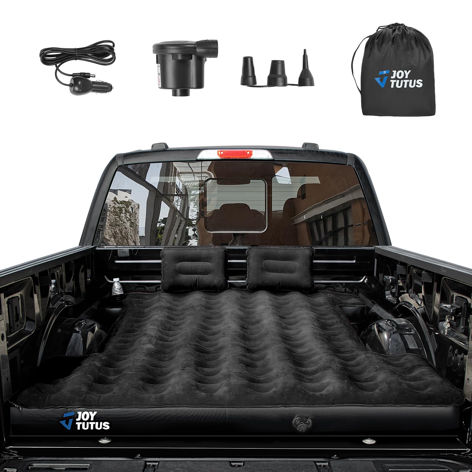 JOYTUTUS Truck Bed Air Mattress for 5.5-5.8Ft, Full Size Short Beds for Pickup Outdoor Camping, Truck Tent Accessories with Carry Bag & Cup Holder & Cavity Design, Black