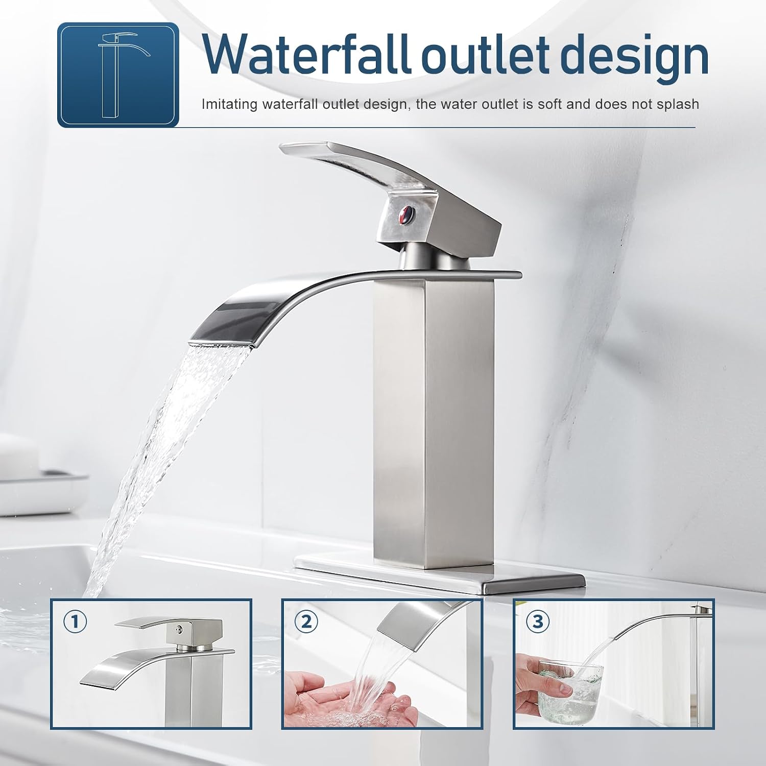 GENBONS Waterfall Single Handle Bathroom Vanity Sink Faucet with Metal Pop-up Drain, Brushed Nickel Finish