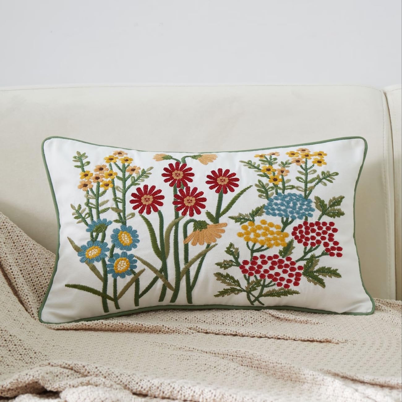 ZUODUTEX Embroidered Small Chrysanthemum Cushion cover12 X 20 Inch Flower Cushion Case Red Daisy Embroidery Cushion Protector 30 x 50 Cm — image 1