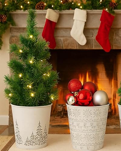 Miniatura 4 de Cubos de metal galvanizado blanco de Navidad, 6 macetas rústicas de hojalata con orificio de drenaje y enchufe, regalo de Navidad, maceta vintage