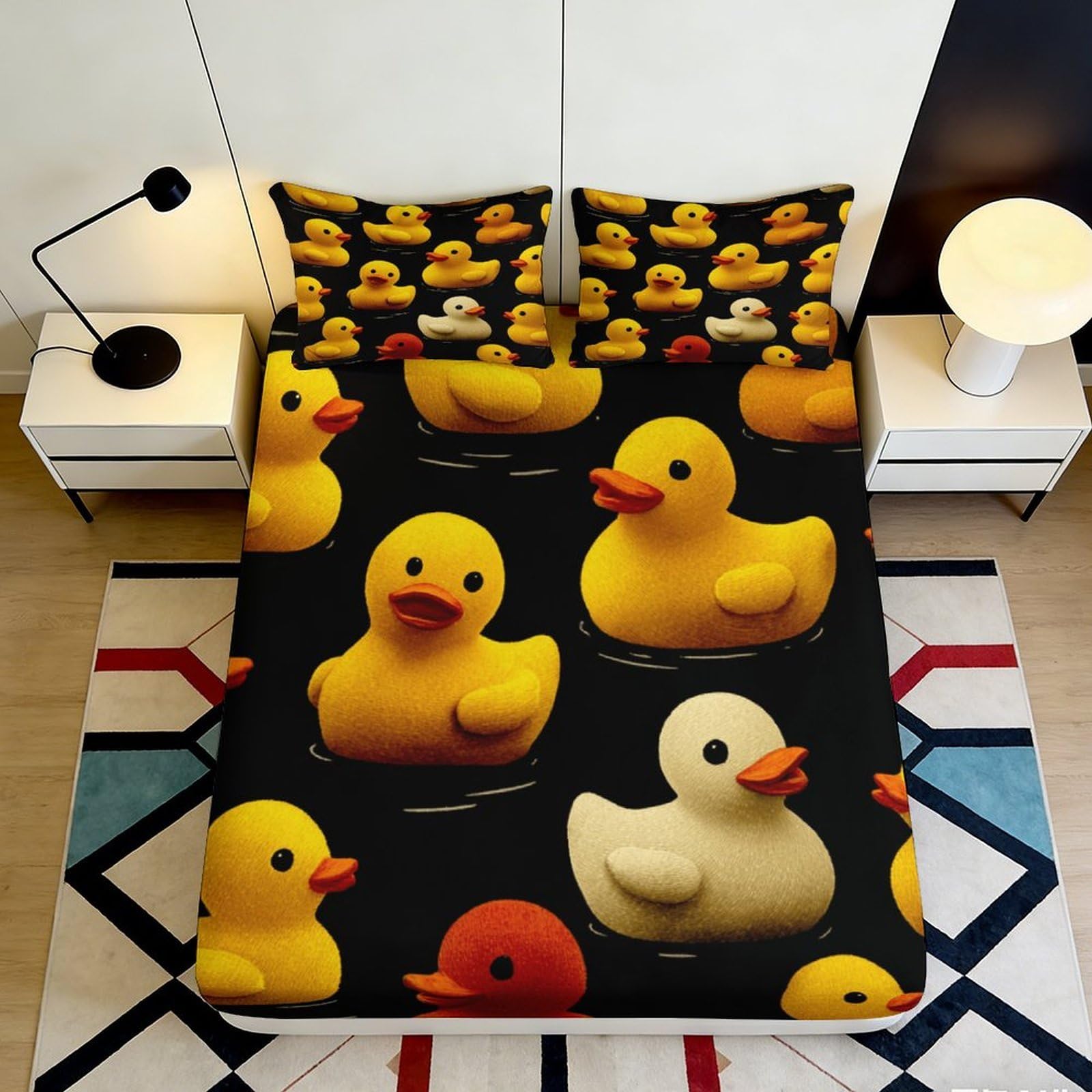 3D Printed Yellow Duck Fitted Sheet Microfiber Soft Cartoon Duckling Bed Sheet for Bedroom Dorm Mattress Cover Decor 90x200x25cm