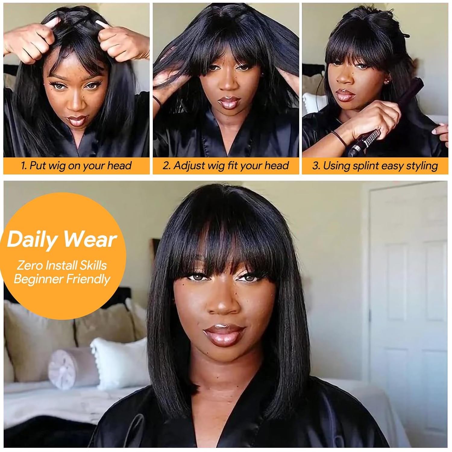 Human Hair Wig with Bangs Wear and Go Glueless Bone Straight Wigs for Women Human Hair Brazilian Hair Natural Black Wig with Fringe Machine Made None Lace Front Wig 10 Inch - Image 2