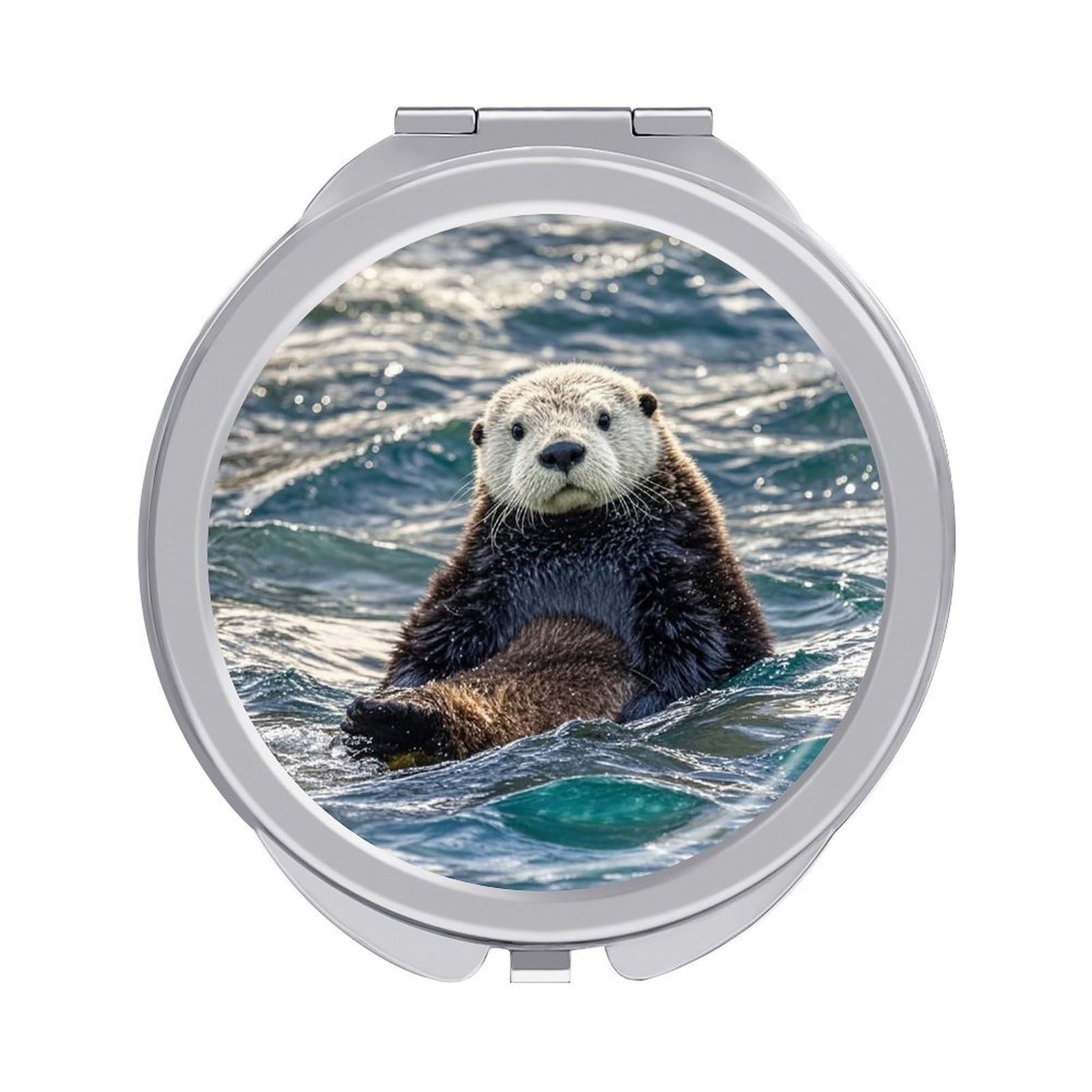 FekiLoot Sea Otter Travel Makeup Mirror for Women Folding Portable Hand Compact Mirrors Small Round Vanity Mirror 1X/2X Magnifying Metal Pocket Makeup Mirrors