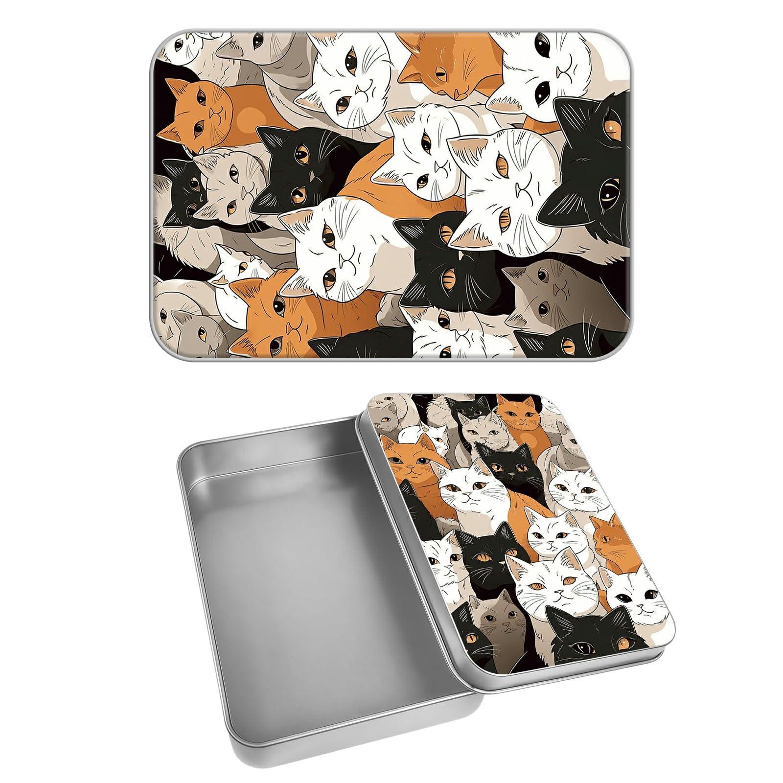 Rectangular Metal Tin Box with Removable Lid, Cartoon Cats Decorative Printed Metal Storage Container for Cash Ticket Credit Card Check 3.46 x 2.36 x 0.7 inch– Single Pack
