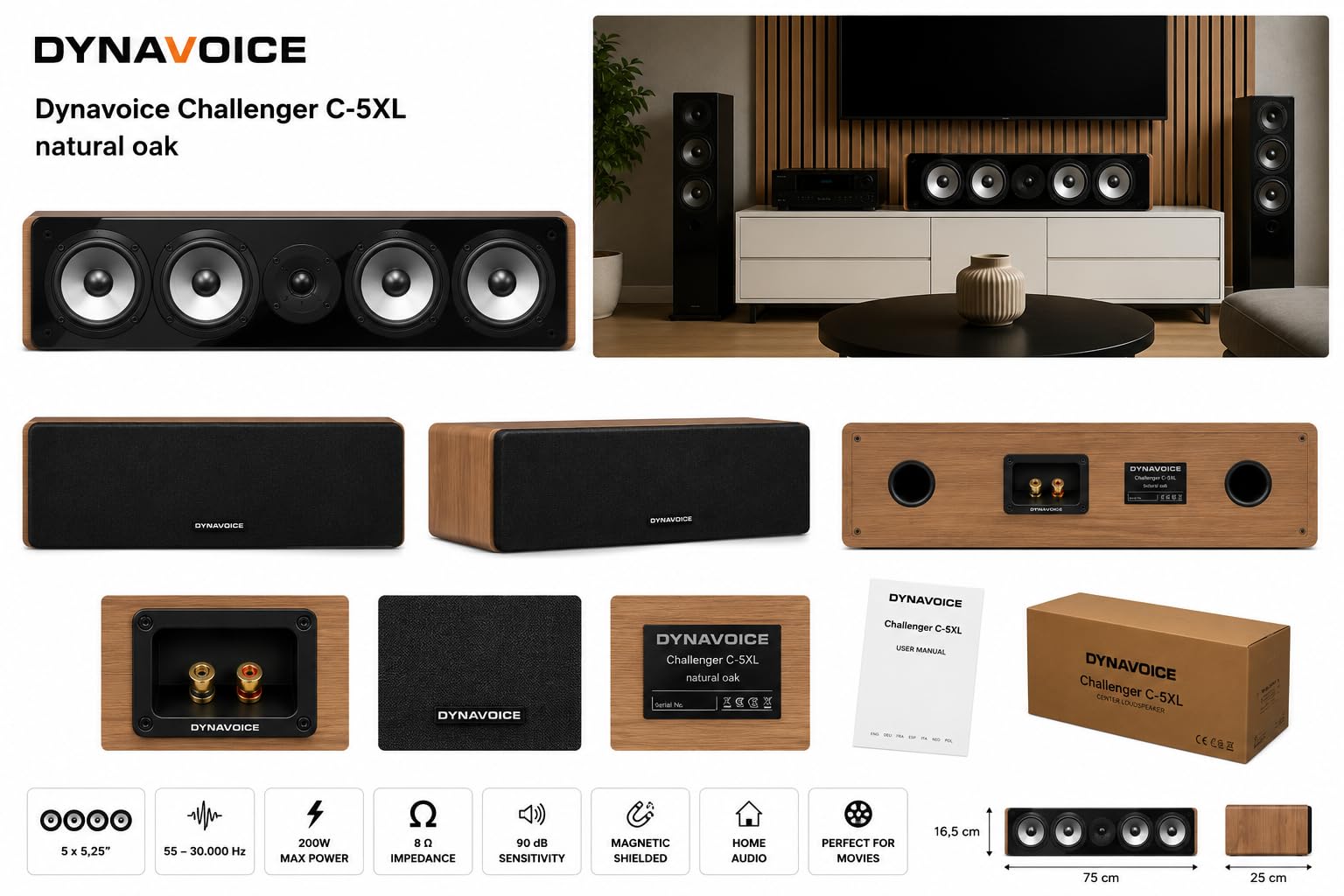 Dynavoice Challenger C-5 XL Chêne Naturel. Enceinte Centrale Passive 210W 6-8 Ohm. 4X Woofer 5,25″ et Tweeter Super Audio 1″. Home Cinéma HiFi. Bass Reflex Arrière. VESA 10x10.