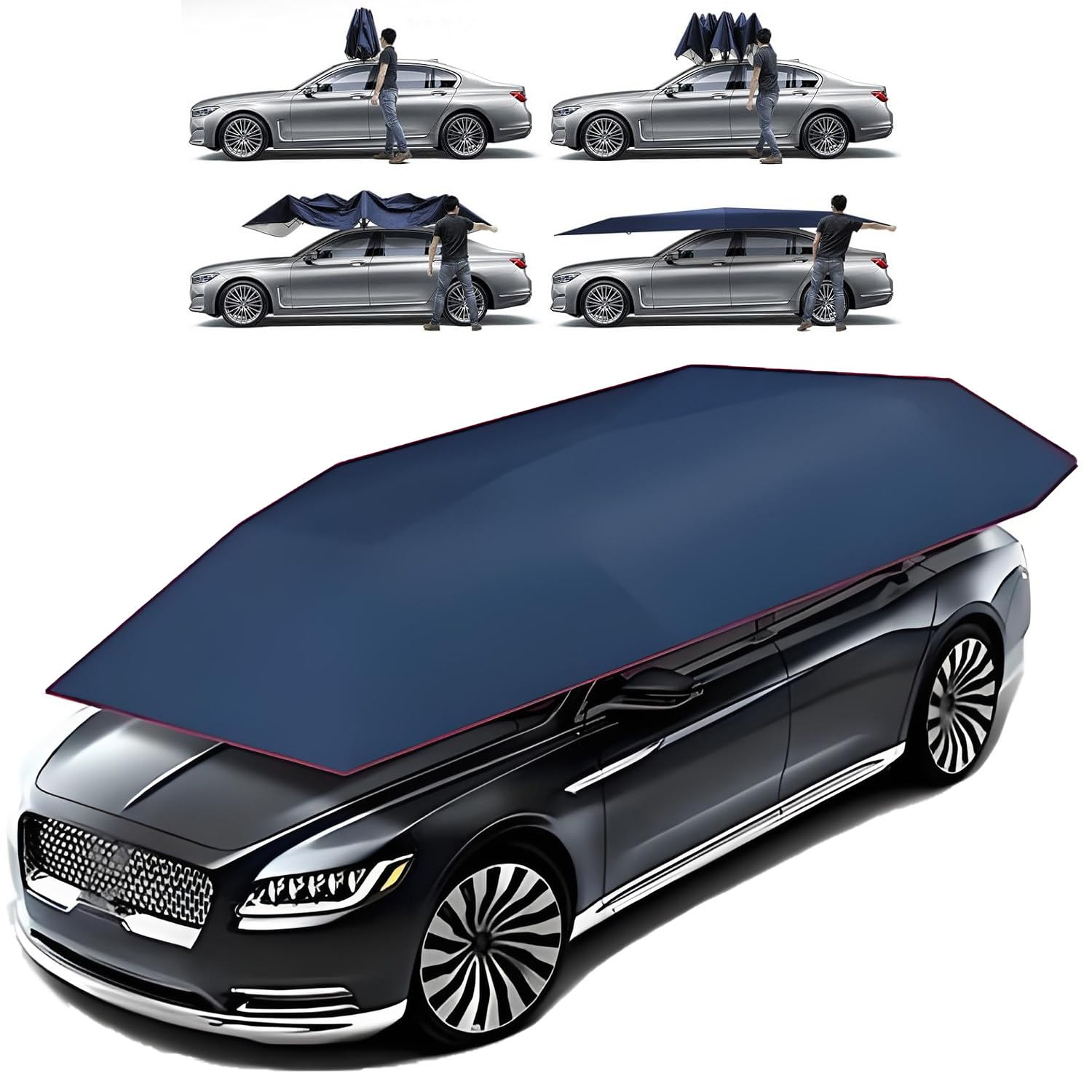 Folding Sun Protection Carport,Fully Automatic Summer Car Umbrella Cover, Tent Movable Carport Canopy with Remote Control for Outdoor Navyblue-4.6m