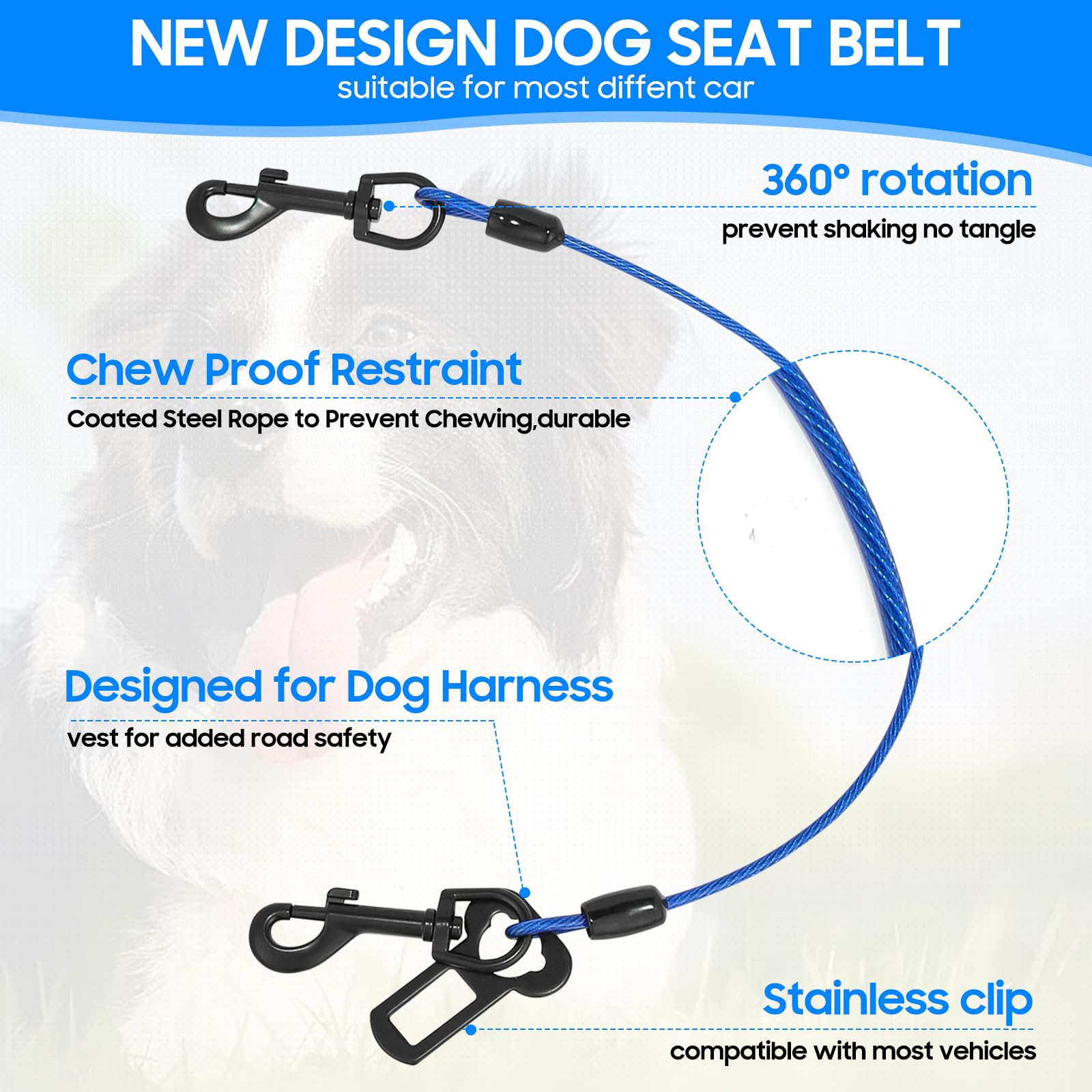 Dog Car Harnesses, Dog Seatbelt Of Coated Wire Leash Safety Restraint, No Chew Tether Cable Vehicle Dog Accessories, Double Clips & Latch Attachment (2 Pcs Black, 40inch/100cm - View #11