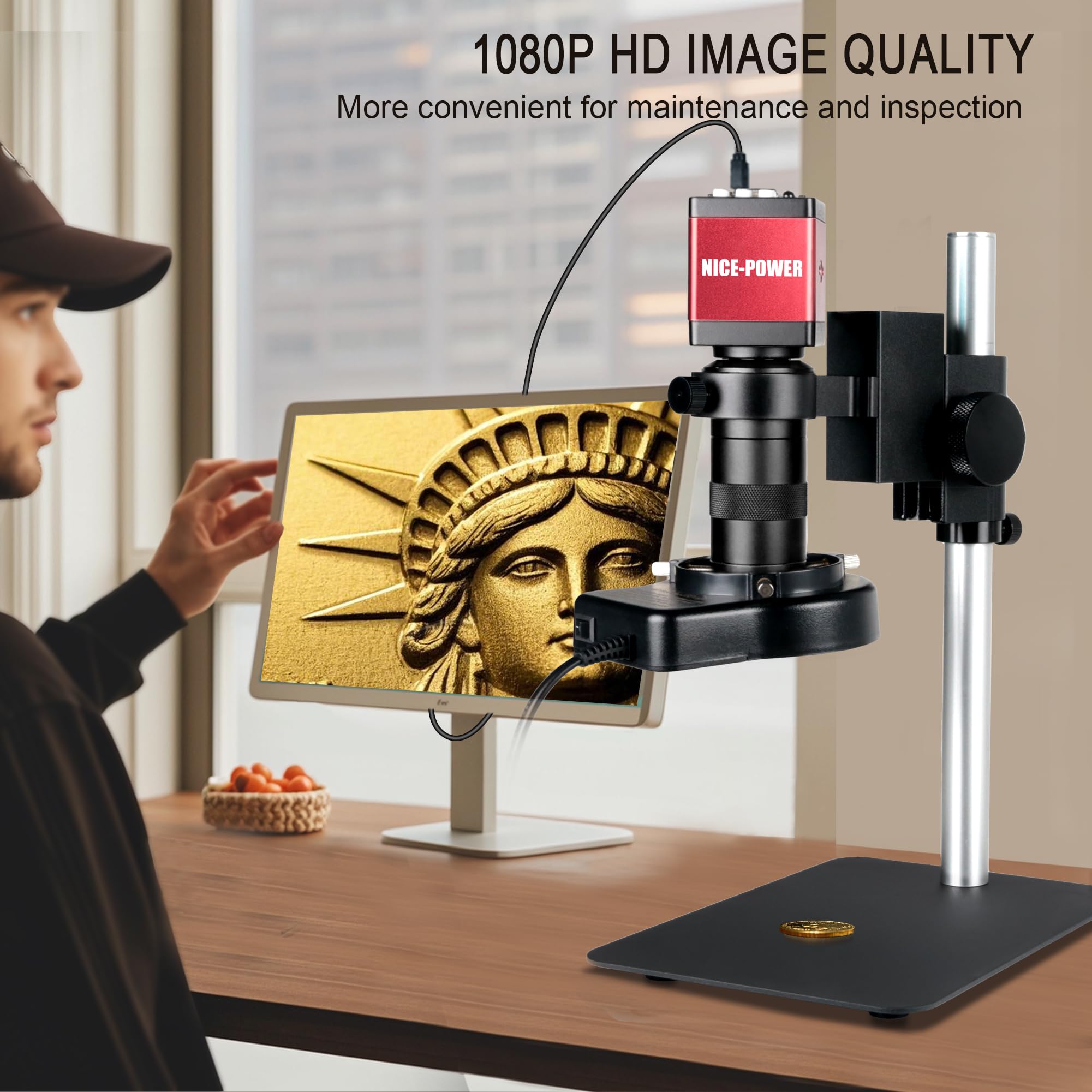 NICE-POWER Digitales Mikroskop, 13MP 1080P HDMI VGA Industrie Video Mikroskop Kamera, 130X Zoom C-Mount Objektiv, Faltbarer Ständer, LED-Ringlicht, Lötmikroskop (Rot)