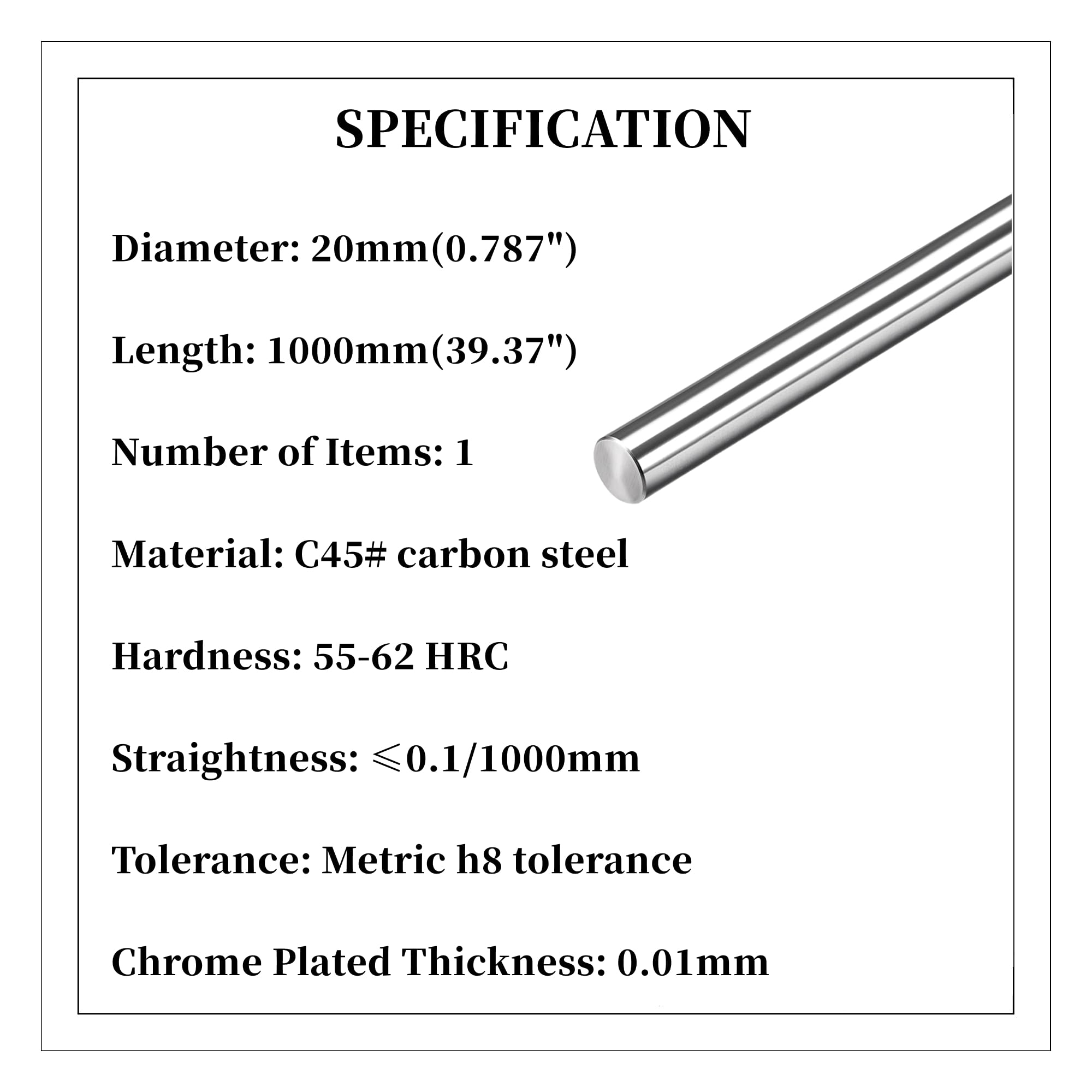 Linear Motion Rod 1pc 20mm x 1000mm (0.787 x 39.37 inches) Metric Case Hardened Chrome Plated Linear Shaft Rail Guide for 3D Printer DIY CNC - Metric h8 Tolerance BELLA BAYS — Amazon image 2