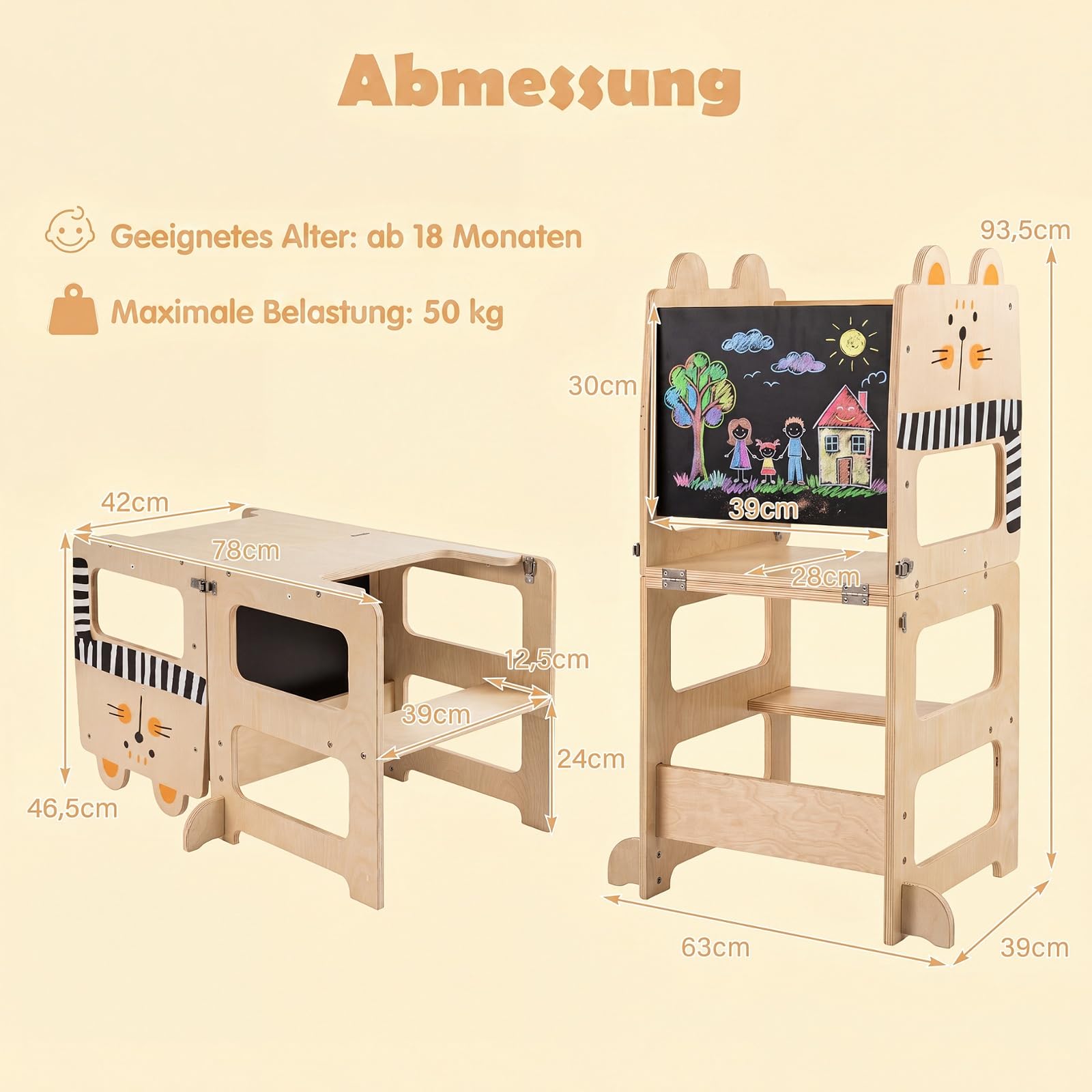 COSTWAY 3 in 1 Lernturm klappbar aus Holz, 50 kg belastbar, Natur | Tritthocker mit Tafel in Katzenform, Tritthschemel Montessori, Küchenhelfer für Kinder ab 18 Monaten