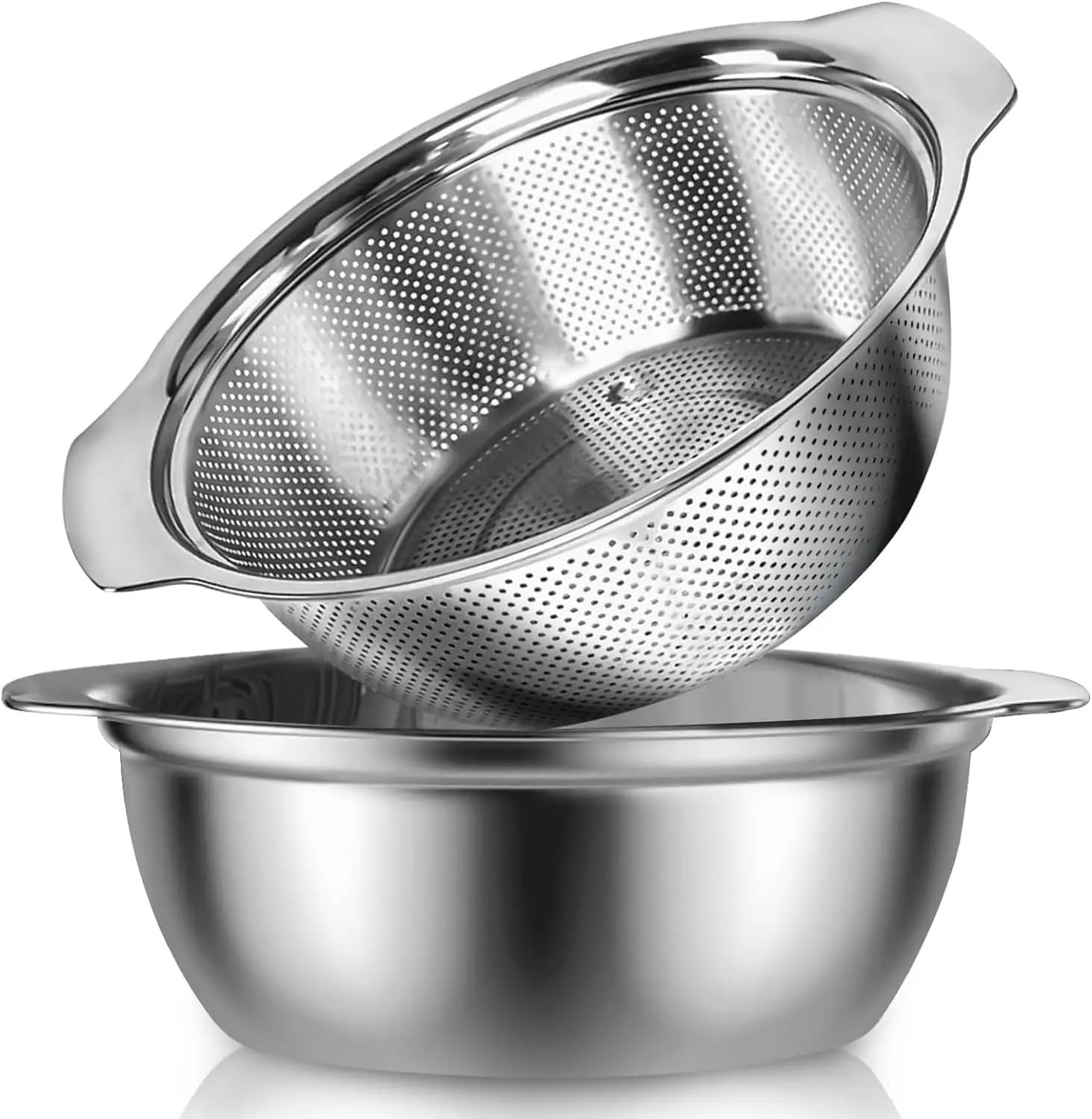 SHREESAMP Multipurpose Stainless Steel Bowl Colander Strainer Drainer With Handle For Fruits Rice, Vegetable, Noodles Grains Washing Filter Basket For Kitchen Bowl Storing And Straining Silver, Medium