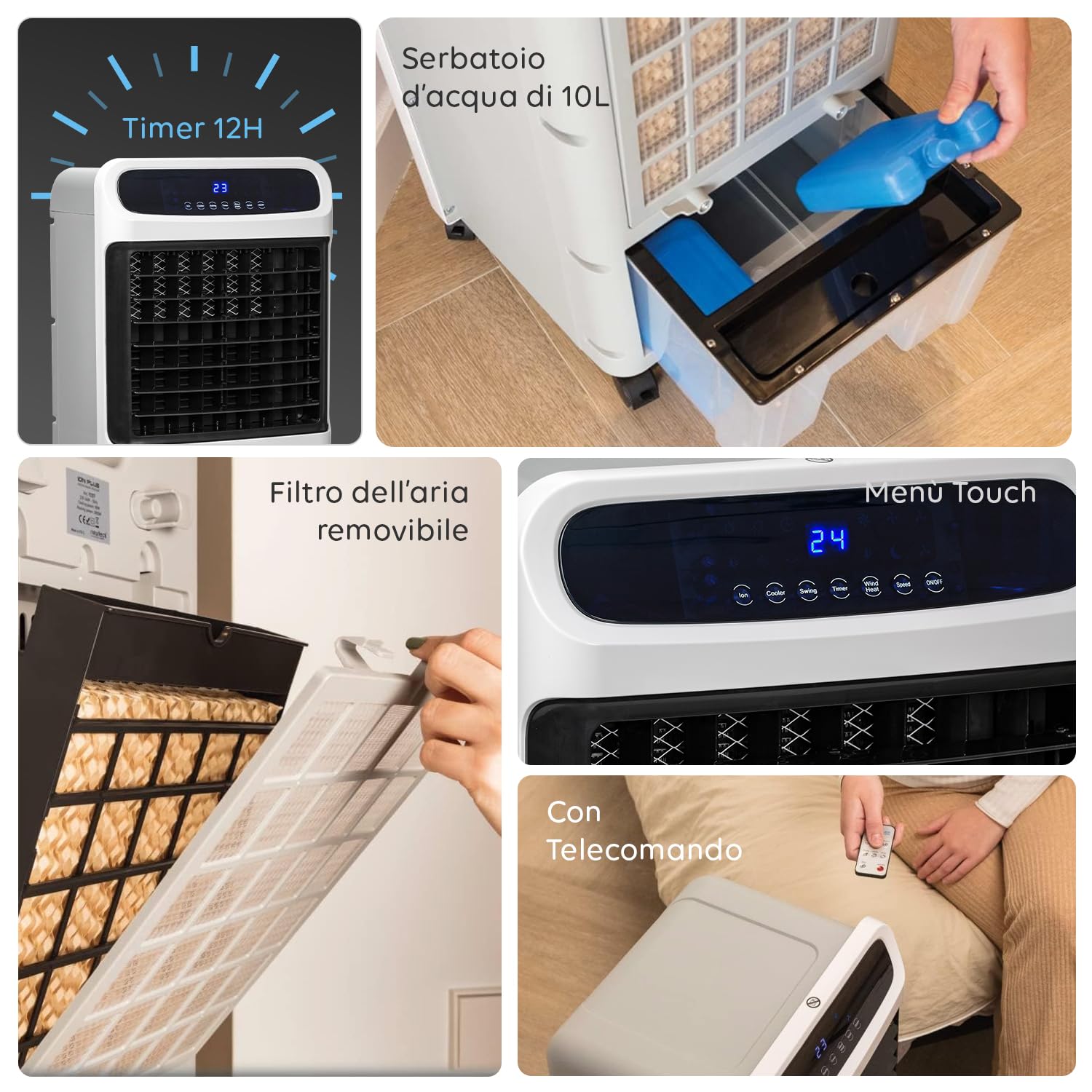 Climatizzatore Portatile 4-in-1 80/2000W: Riscaldamento, Raffreddamento, Umidificatore e Purificatore d'Aria, Facile da Spostare - Ideale per Stanze fino a 80m², 61x32x33cm