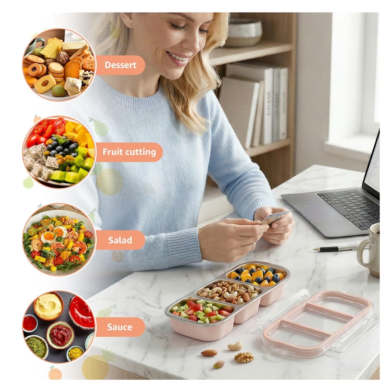Fiambrera de acero inoxidable con tapa, contenedor aperitivos, almacenamiento alimentos apilable, a prueba fugas for el trabajo, 2 uds para Aperitivos(Pink,3 Grids)