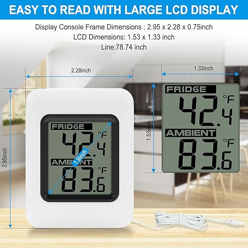 Miniatura 3 de Urageuxy Termómetro digital para refrigerador con pantalla LCD grande, termómetro con cable para interiores y exteriores con parte trasera