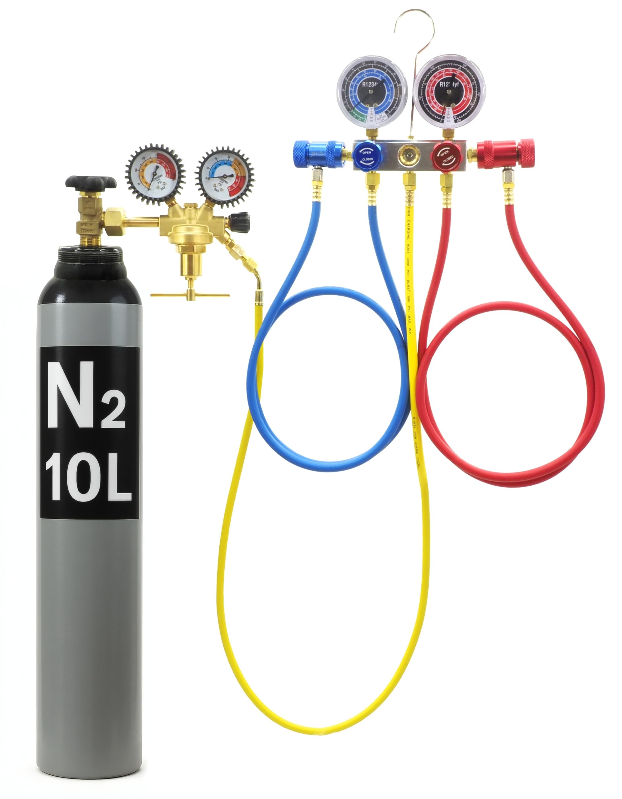 Druckverlustprüfer KFZ - Kühlsystem Abdrückgerät mit Manometer Druckluft Set - Schutzgasflasche 8L/10L Stickstoff für Klimaanlage R1234YF - Manometer 1/4 Zoll (R1234YF | N2-10L | 42-18566)
