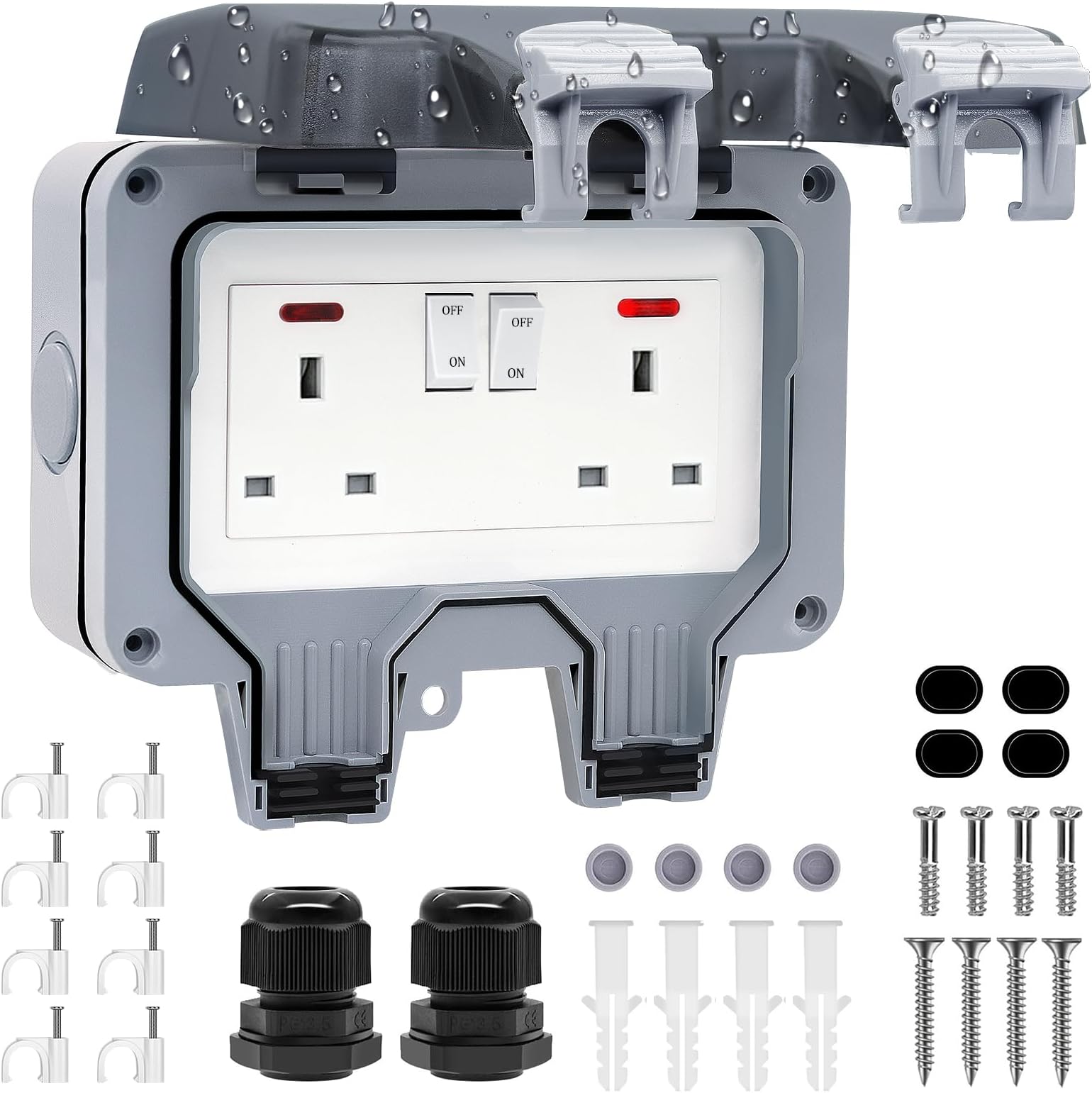 Double Outdoor Socket Waterproof Outside Plug Socket Weatherproof IP66 Wall E...