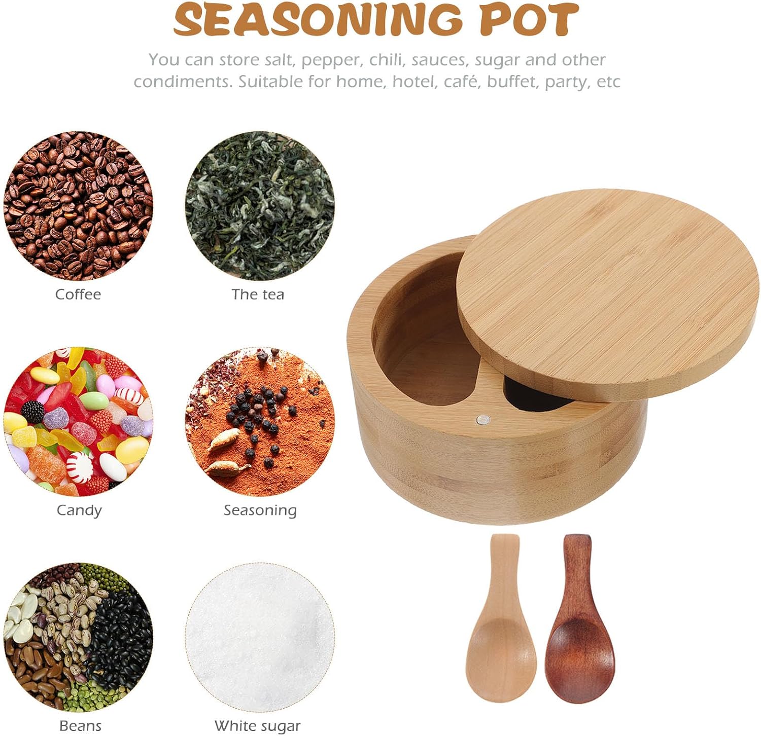 BETOOKY Double-compartment Kitchen Seasoning Container with Dual-color Wooden Spoons, Divided Salt and Spice Holder for Household Cooking Essentials
