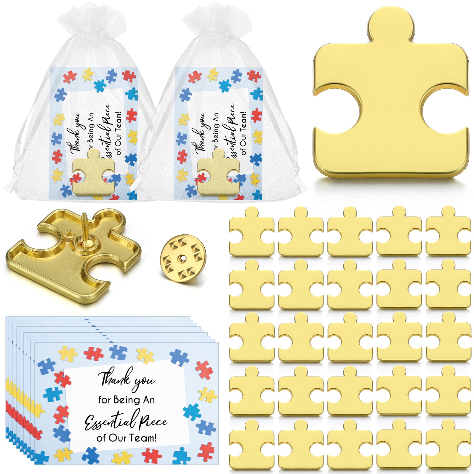 Hotop 36 Sets 100 Sets Employee Appreciation Gifts Gold Puzzle Piece Pin with Thank You Cards, Organza Bags Team Gifts for Activity Professionals Week