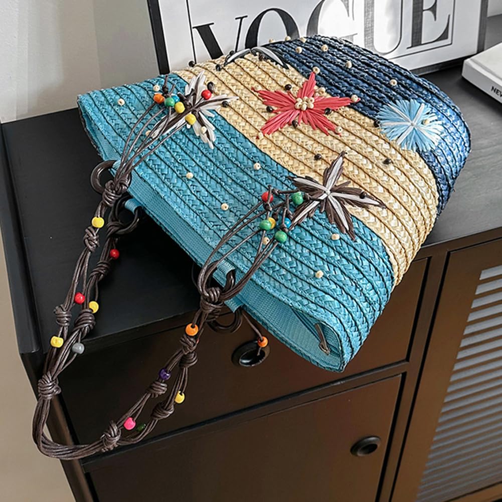 Borsa a tracolla ricamata a mano in paglia bohémien con perline per viaggi