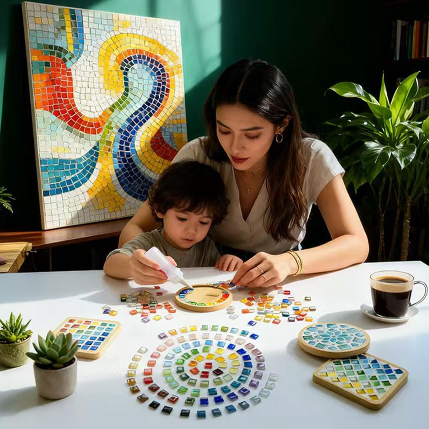 1100pcs Mixed Green Glass Mosaic Tiles, DIY Mosaic Tiles for Crafts, 2.2lbs Crystal Stained Glass Tiles, Children Handmade DIY Art Craft Projects for Home Decoration, 0.4X0.4 Inch (Green Series)