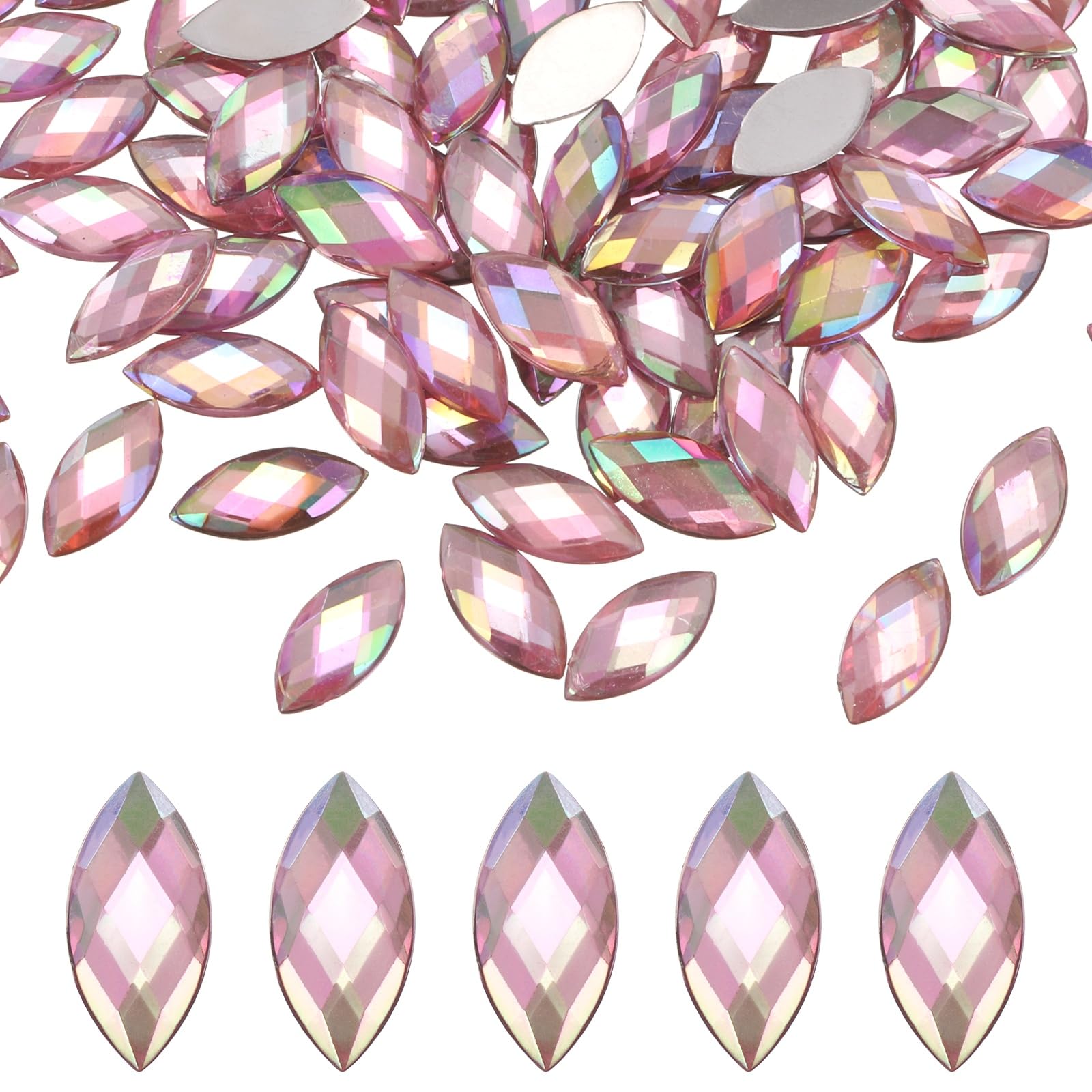 M METERXITY 200-Pack Horse Eye Rhinestone, 15x7mm Acrylic Flat Back Rhinestones Stickers for DIY Craft/Jewelry, Crystal Gems Sticker [Light Pink AB]