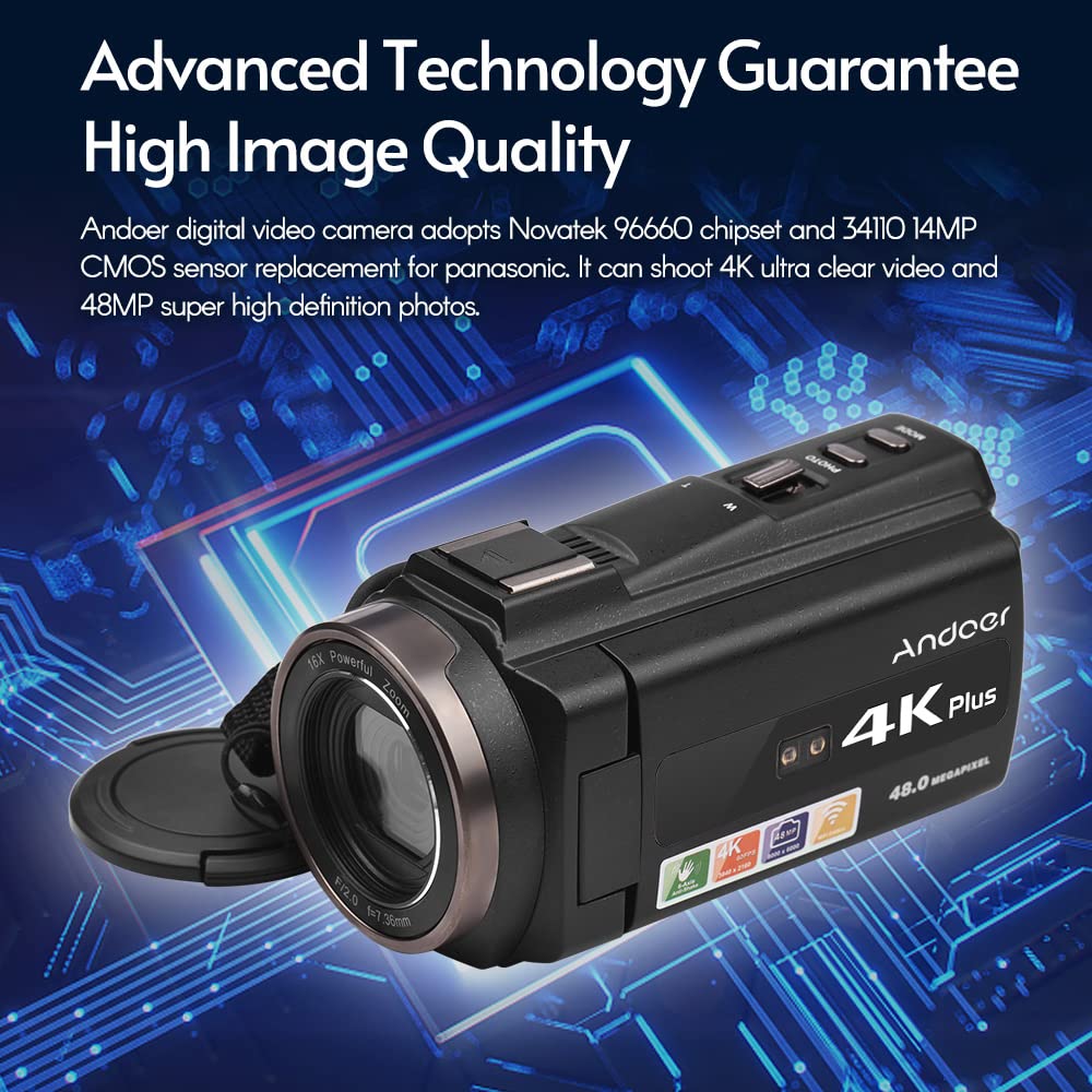 Andoer Videocamera 4K 48MP 60FPS WiFi Camcorder 16X Digital Zoom, 3" IPS Touch Screen IR visione notturna Vlogging Camera con microfono, telecomando, 2 batterie, obiettivo fotocamera, maniglia