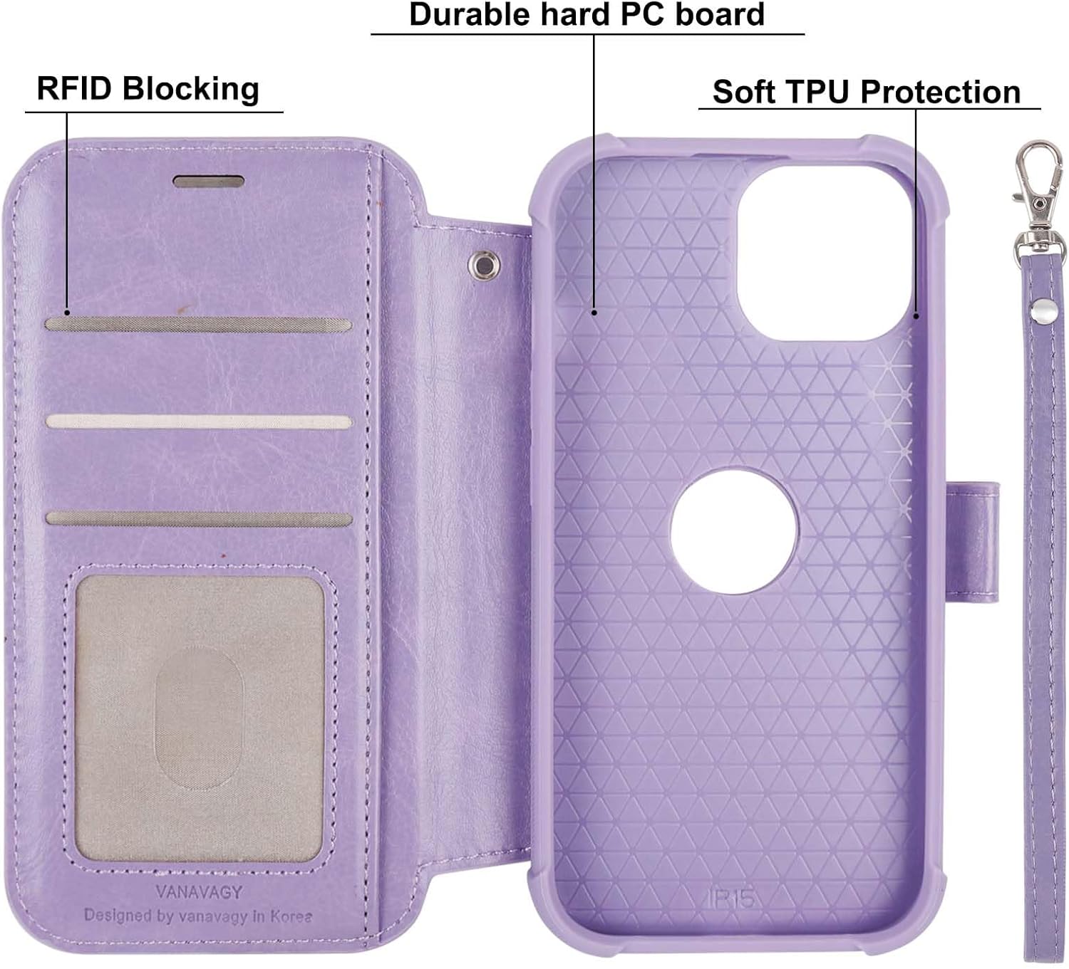 VANAVAGY Compatible for iPhone 15 Plus/14 Plus Wallet Case for Magsafe Wireless Charging, PU Leather Flip Case [Screen Protector & Camera Cover] with Strap RFID Blocking Card Holder,Clove Purple