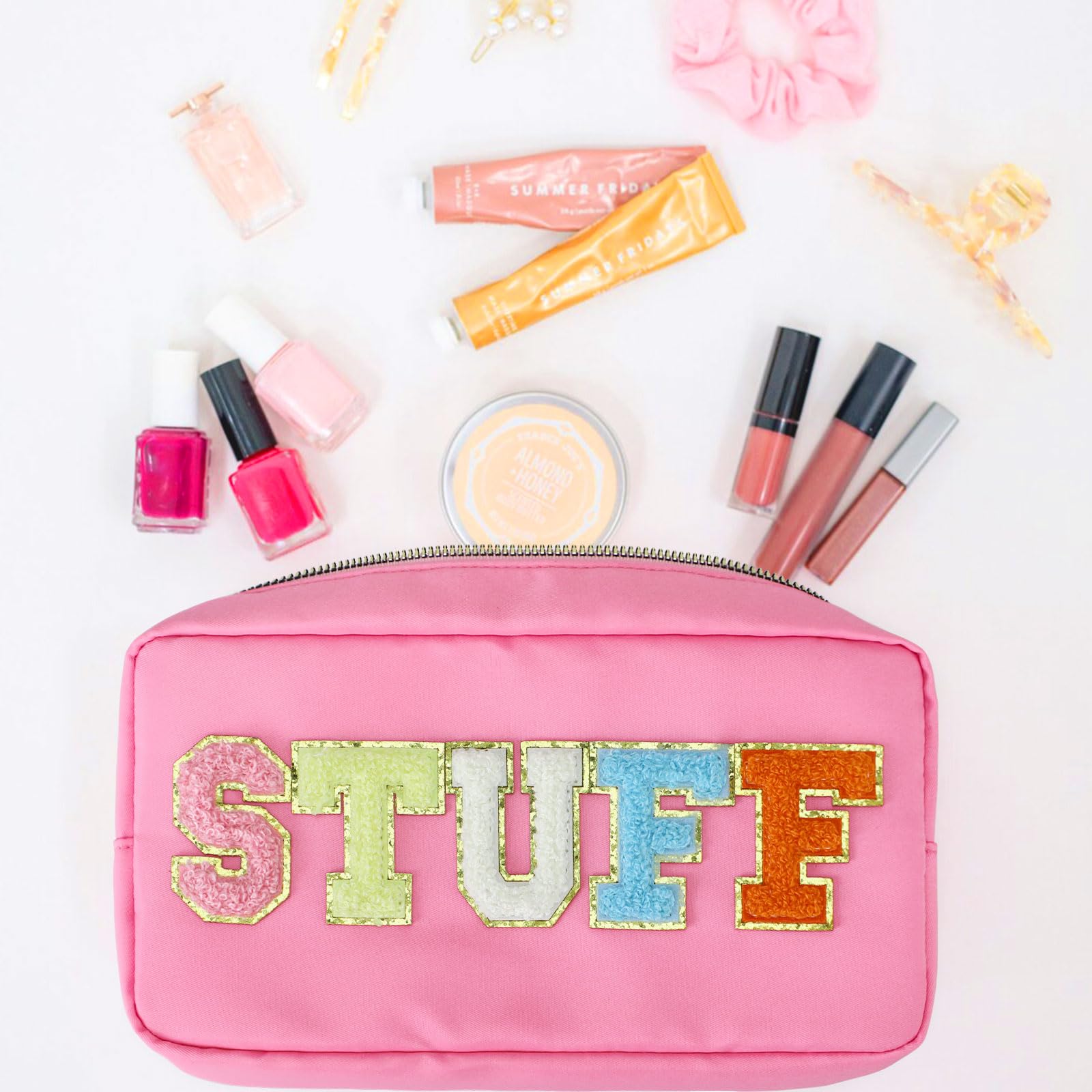 DYSHAYEN Nylon Stuff Cosmetic Bag Small Travel Preppy Makeup Pouch Bag for Women Girls with Chenille Letter Patches (Pink-STUFF)
