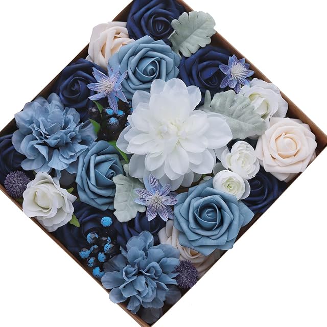 Bafenli Artificial Flowers Rose 31pcs Silk Fake Flowers for DIY Wedding Bouquets Combo Centerpieces Arrangements Party Bridal Baby Shower Home Decorations-Blue