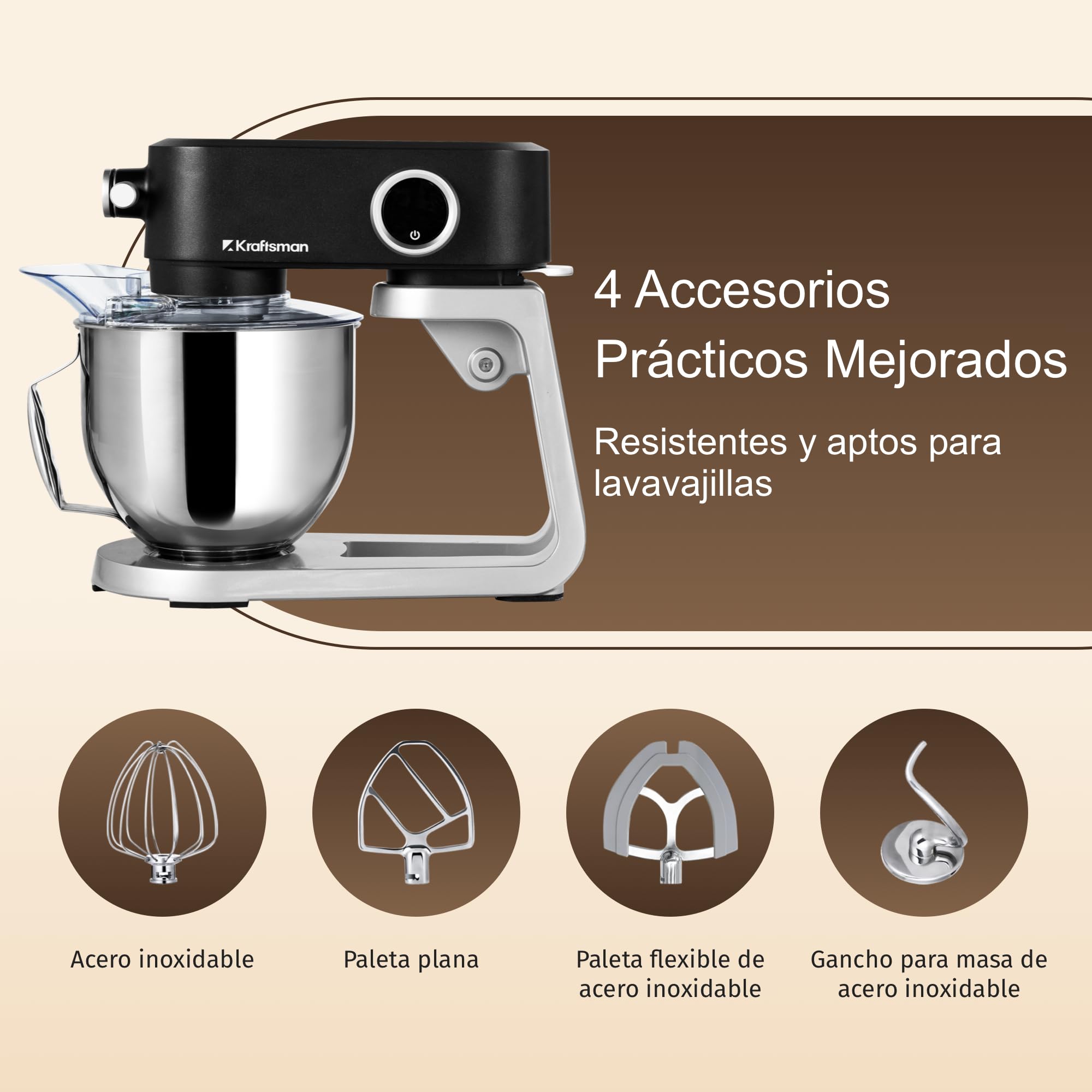 Robot de cocina, amasadora para masa de pan, carcasa de metal, 8 niveles con temporizador, cuenco de 5 L, 4 cabezales de acero inoxidable (Negro)