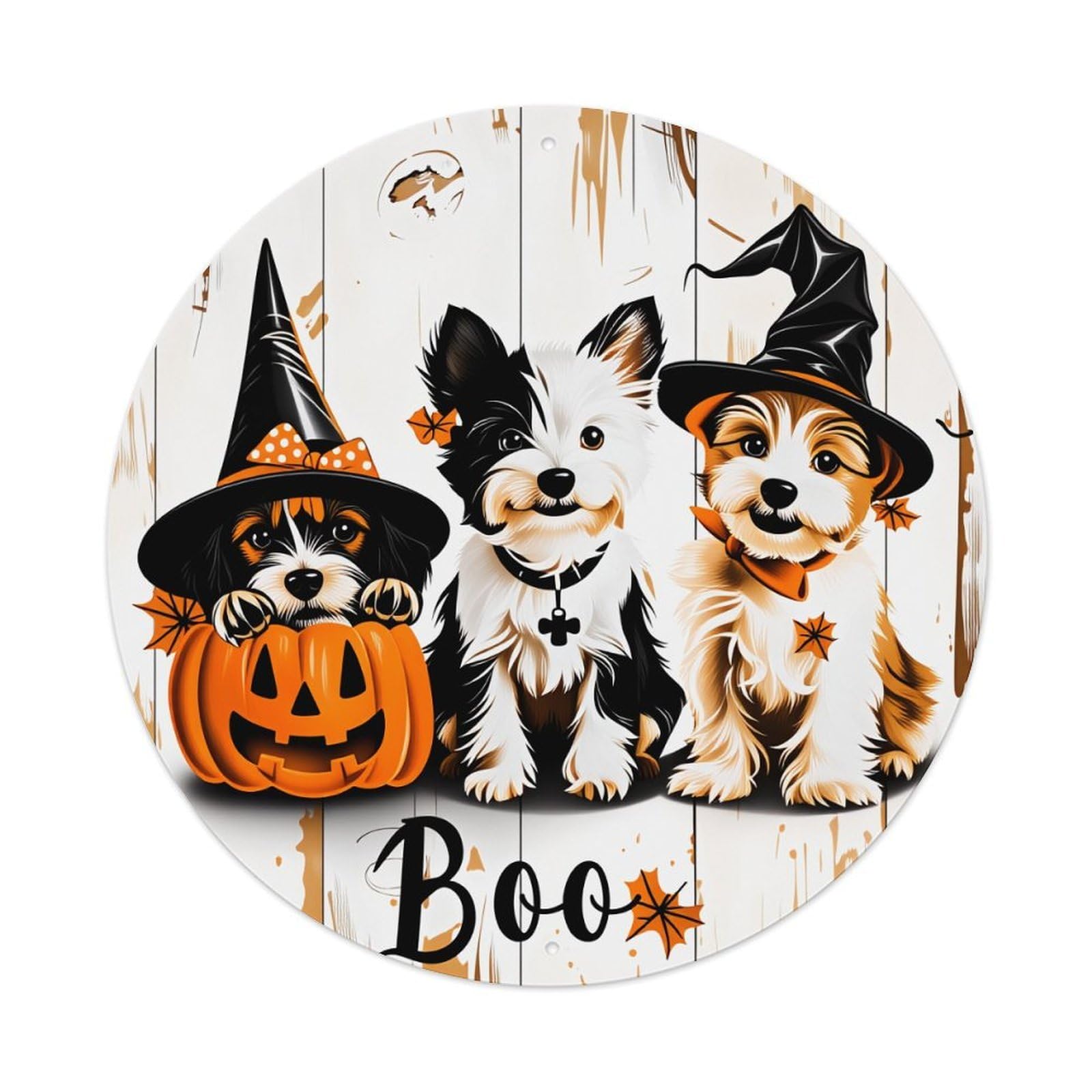 Puppies Witch Hats Pumpkin Boo Round Tin Sign Vintage Metal Poster Retro Bar, Home, Man Cave, Kitchen, Laundry Room Wall Art Decor Gift 8x8In