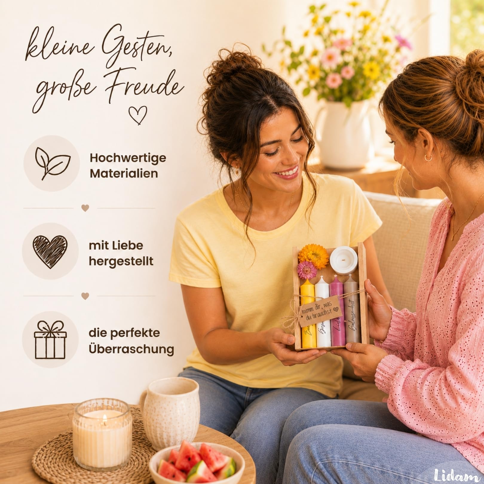 Kerzen Geschenkset Geburtstagsgeschenk für Frauen oder Freundin | nimm dir, was du brauchst | Mitbringsel | Kerzenhalter Holzkiste mit Kerzen Deko und Strohblumen