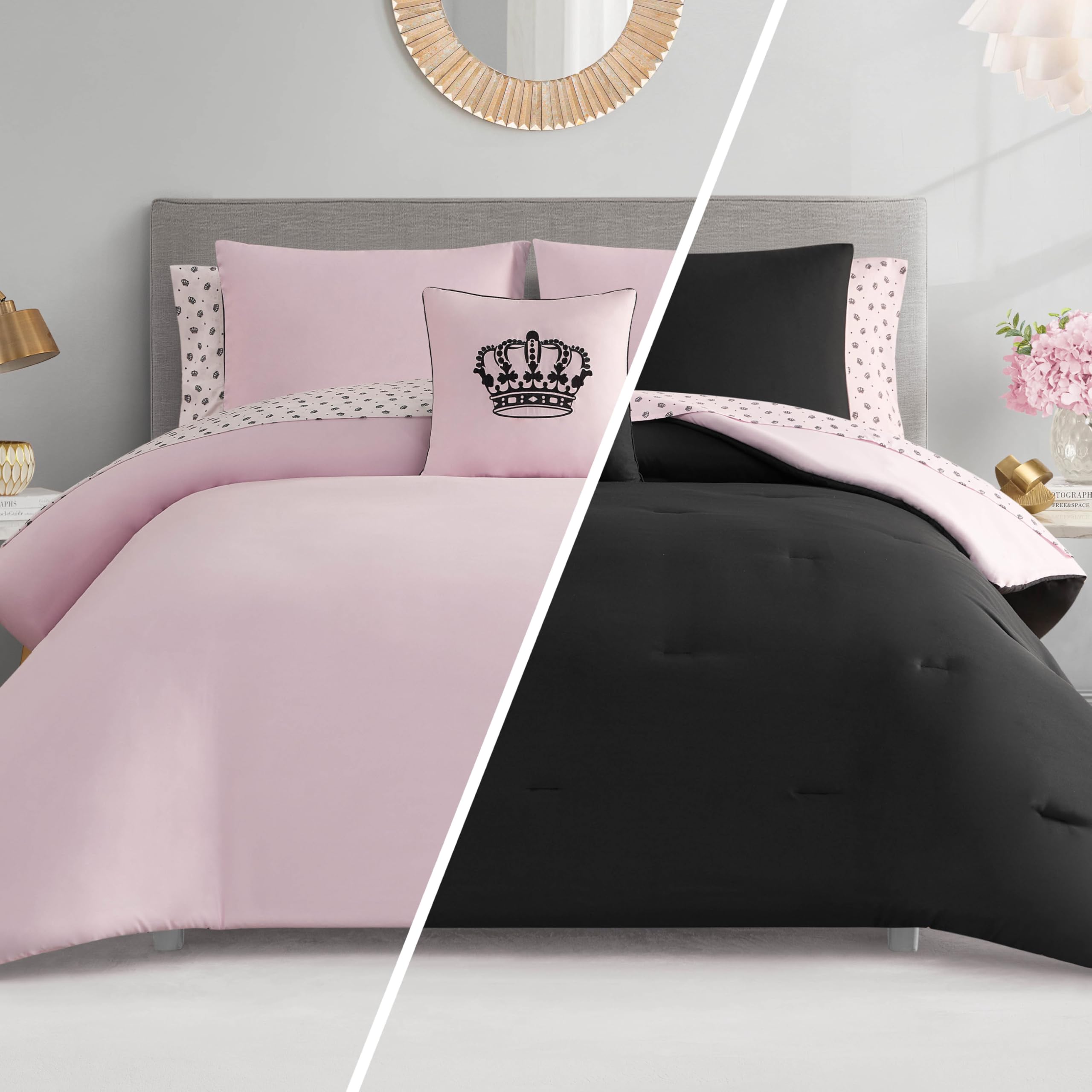 Juicy Couture Crown Sparkle Light Pink Black Crown Sparkle Solid Reversible Bed In A Bag Comforter Set, Black/Light Pink, Twin