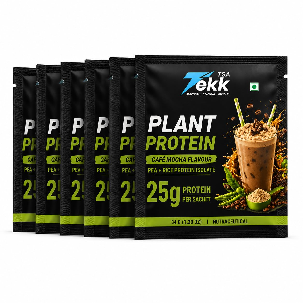 TSA Tekk Plant Protein Powder, Café Mocha Flavour, Pea & Rice Protein Isolate, 21g Protein Per Serving, 100% Vegan, Pack of 6 Sachets 34 gram each sachets, Pack of 6-image-29