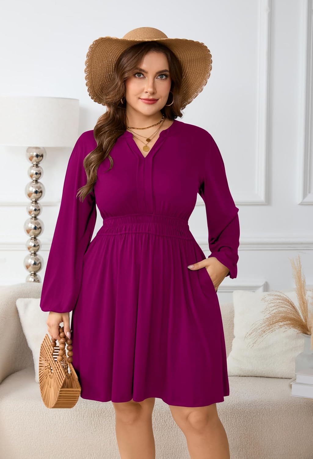 Plus Size Dresses Womens Casual Elastic Waist Long Sleeve V Neck Midi Flowy Dress with Pockets - Image 6