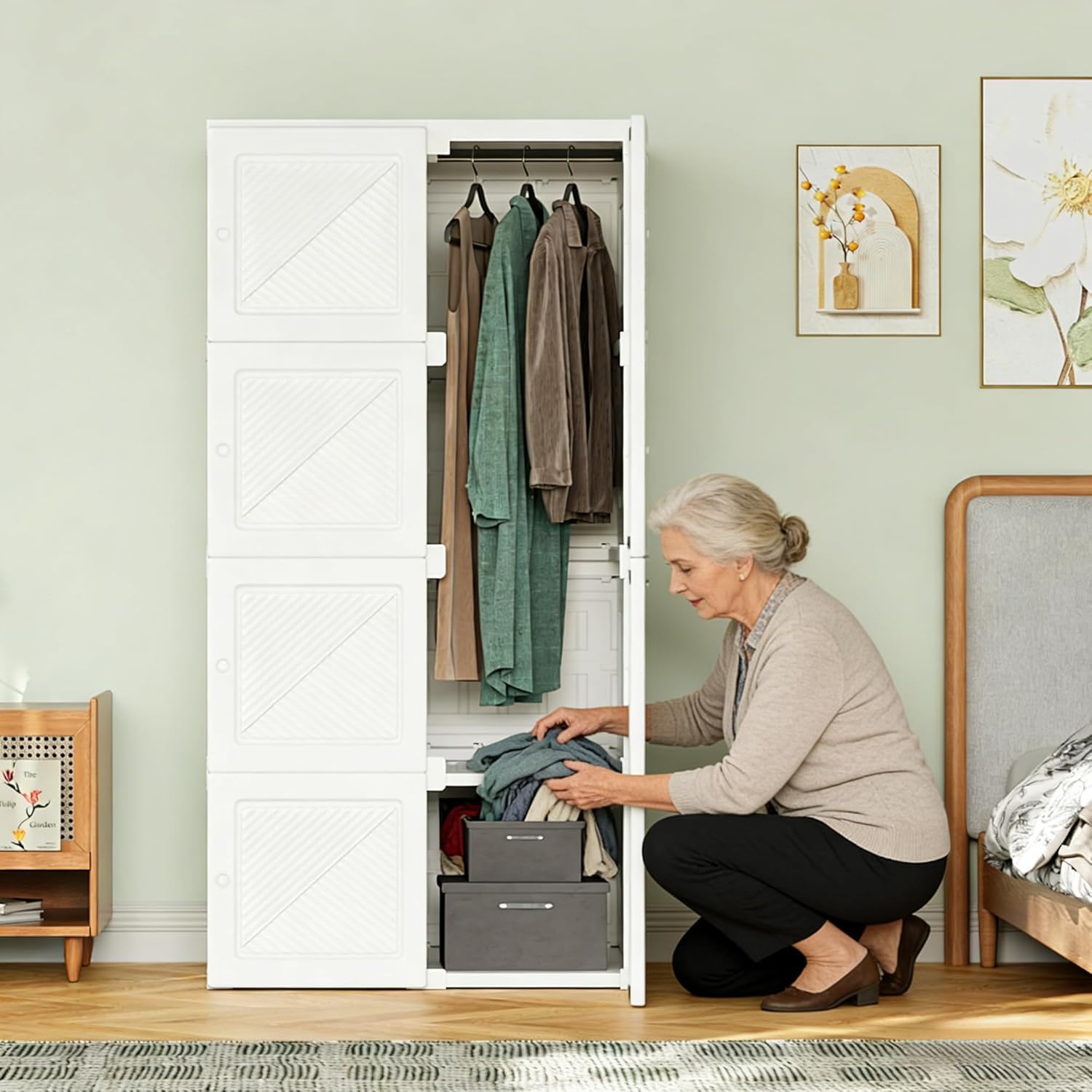 LONELYO Armoire de Rangement,Armoire Pliable, avec Portes,Penderie Portable avec Barre de Suspension, Chambre, Vestiaire, Salle d’étude,Blanc (Armoire Blanche 5×6+1)