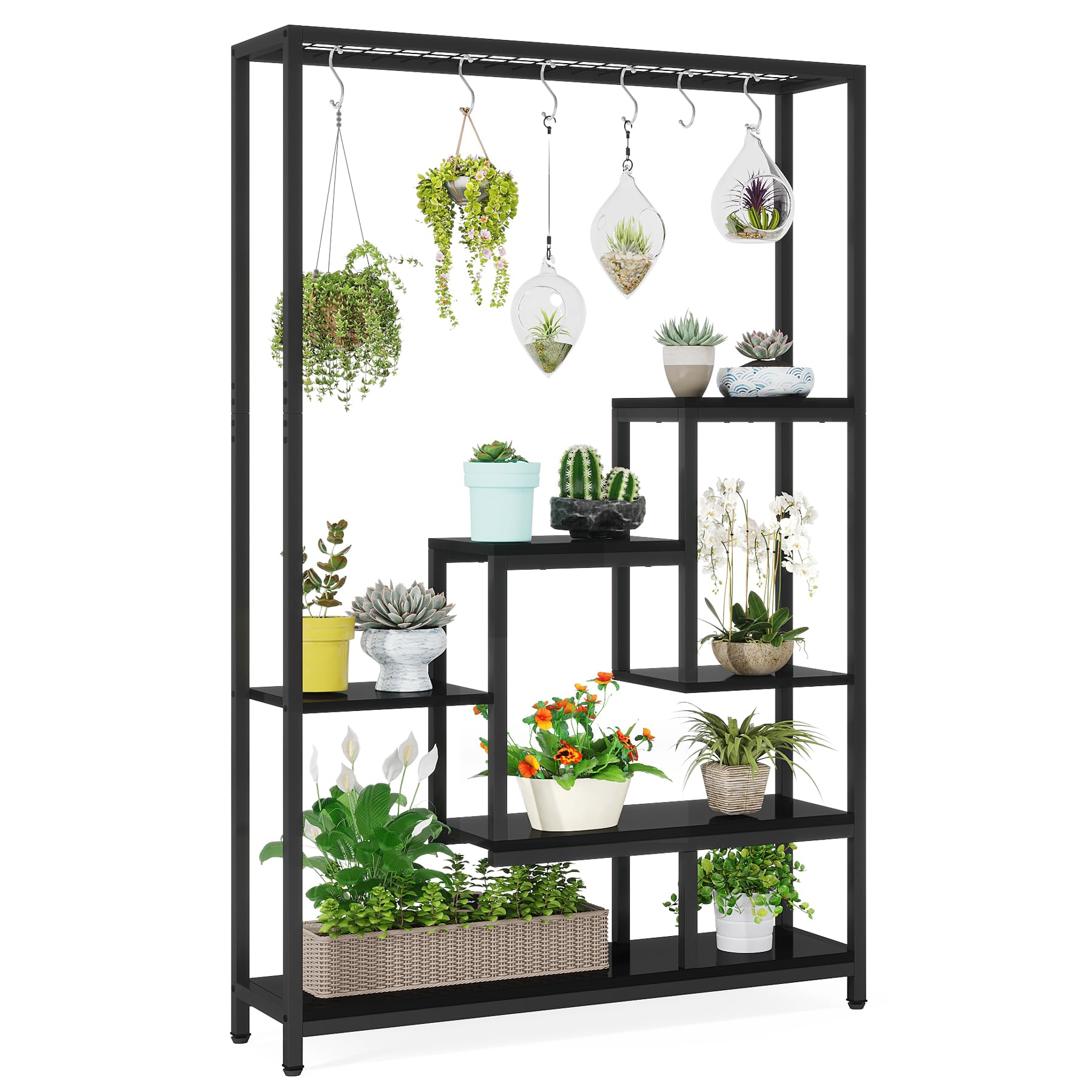 Tribesigns Support pour plantes d'intérieur à 5 niveaux - Grande étagère en métal de 180,1 cm avec 10 crochets de suspension en S - Multifonction - Pour intérieur, jardin, balcon, salon - Noir