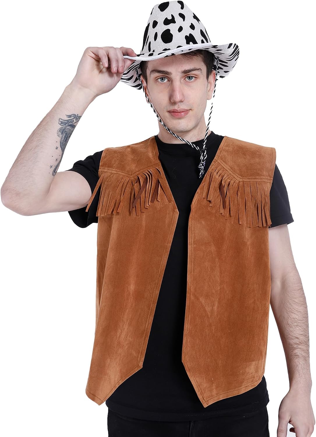 Wildarms Mens Cowboy Vest Western Fringe Suede | Mens cowboy costume vest features a faux suede polyester fabric with front fringe trim and a V-neck open front layout