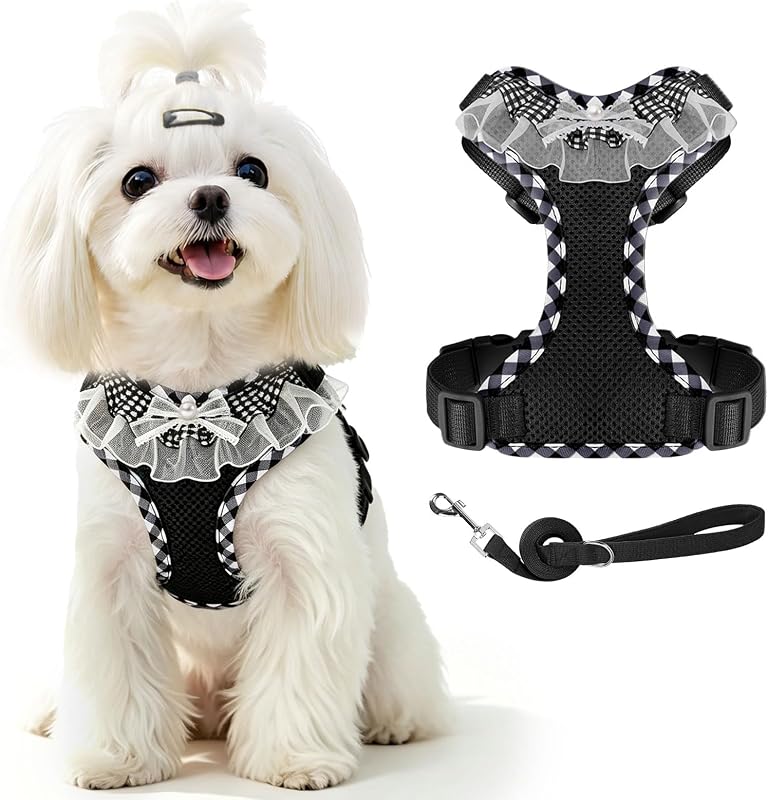 Peitoral Vest com Guia para Cães e Gatos Pequenos ABRRLO, Malha Respirável, Xadrez com Babados, Preto, Tamanho S